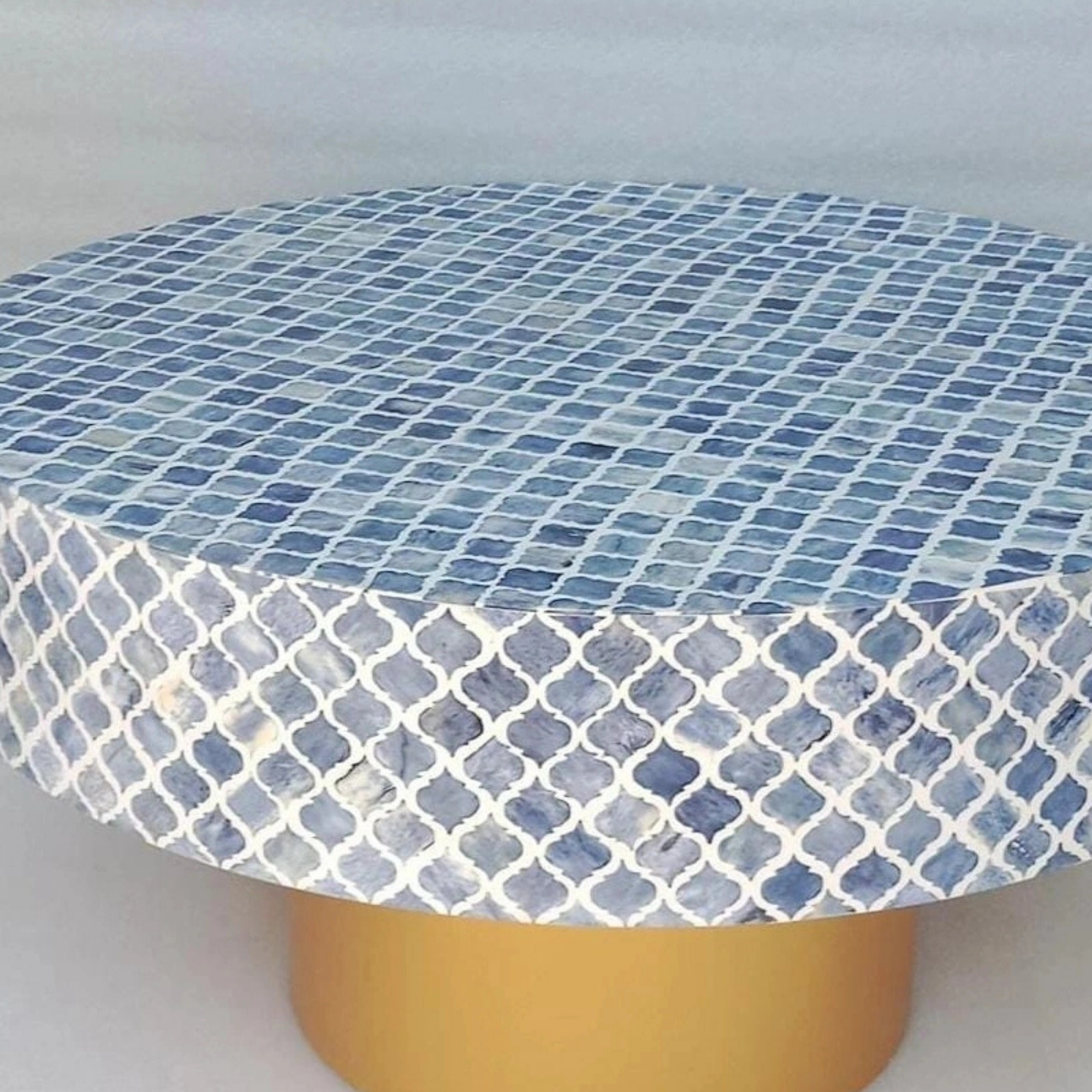 Handmade Blue Bone Inlay Coffee Table | Moroccan Pattern Round Coffee Table | Luxury Living Room Furniture