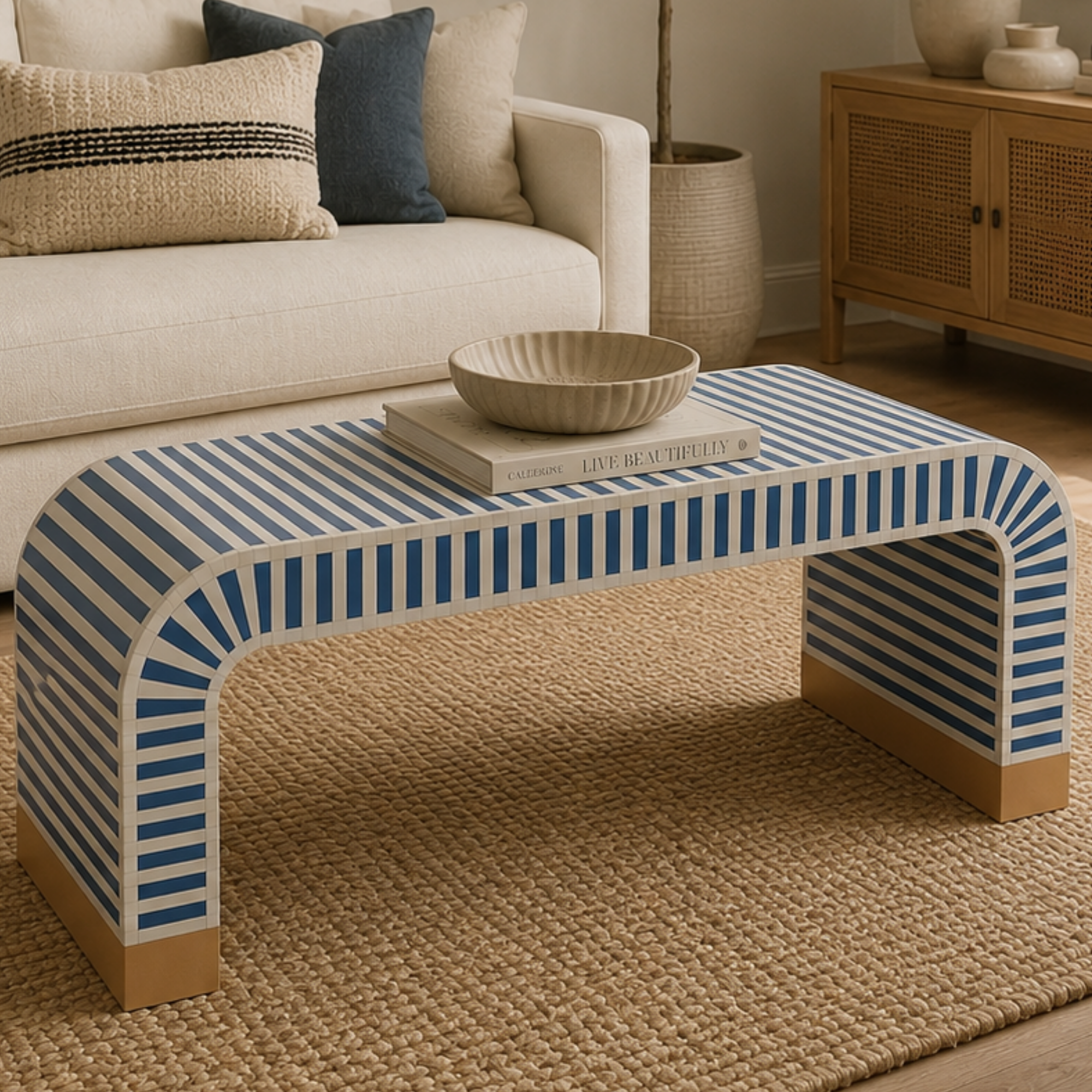 Handmade Black White Striped Bone Inlay Coffee Table, Modern Waterfall Coffee Table, Luxury Living Room Furniture