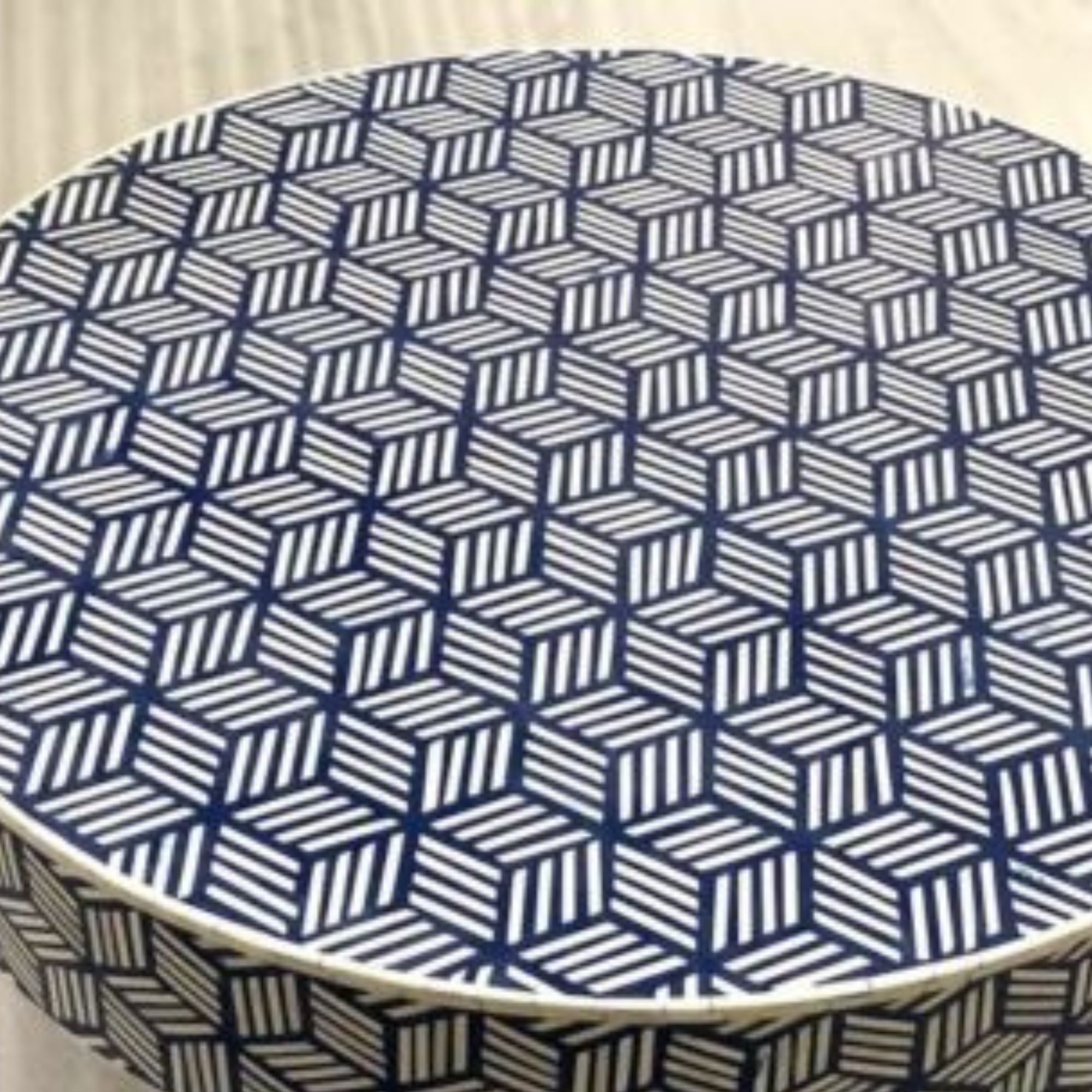 Blue & White Bone Inlay Round Coffee Table with Brass Base – Handmade Geometric Center Table