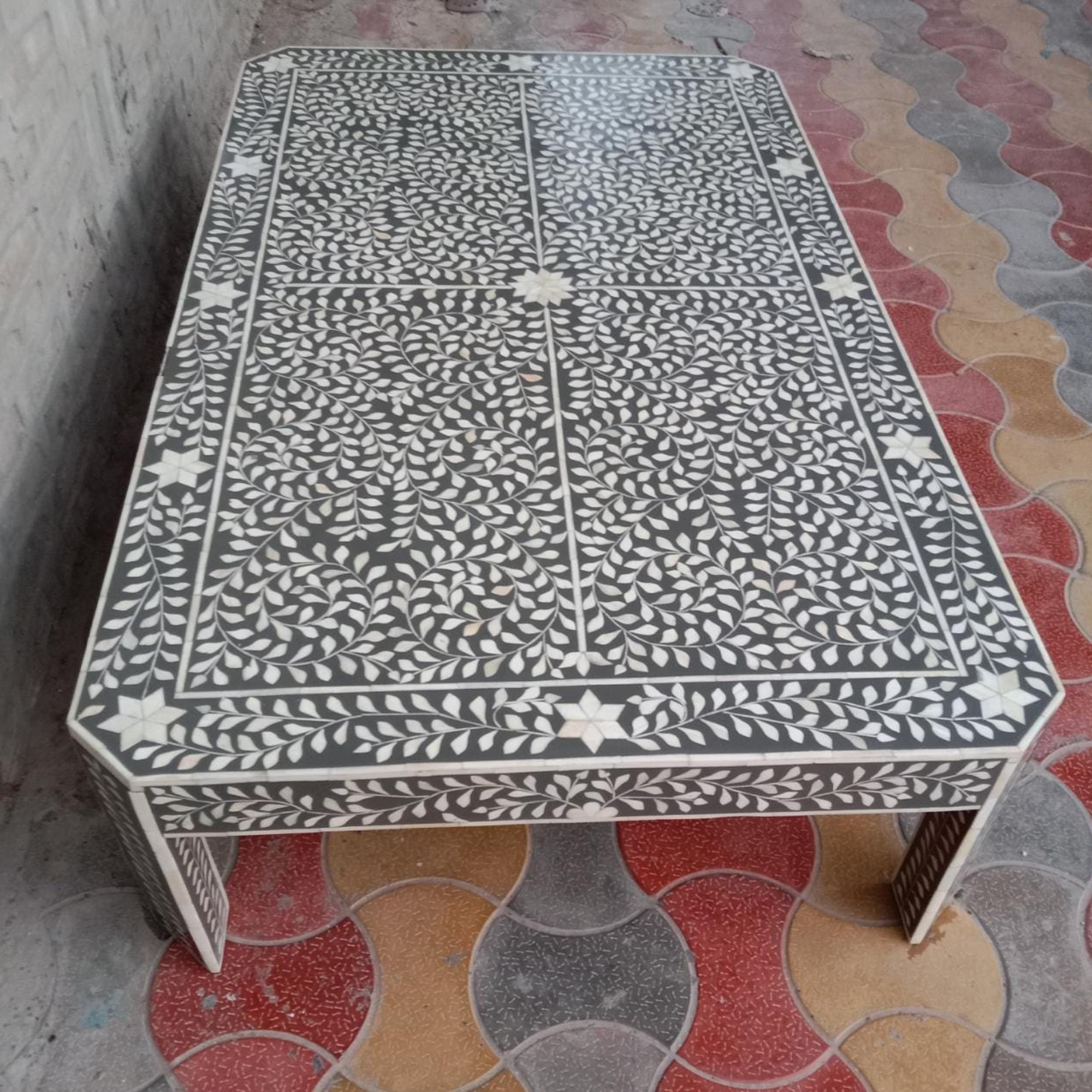 Black & White Bone Inlay Rectangular Coffee Table – Handmade Floral Living Room Table