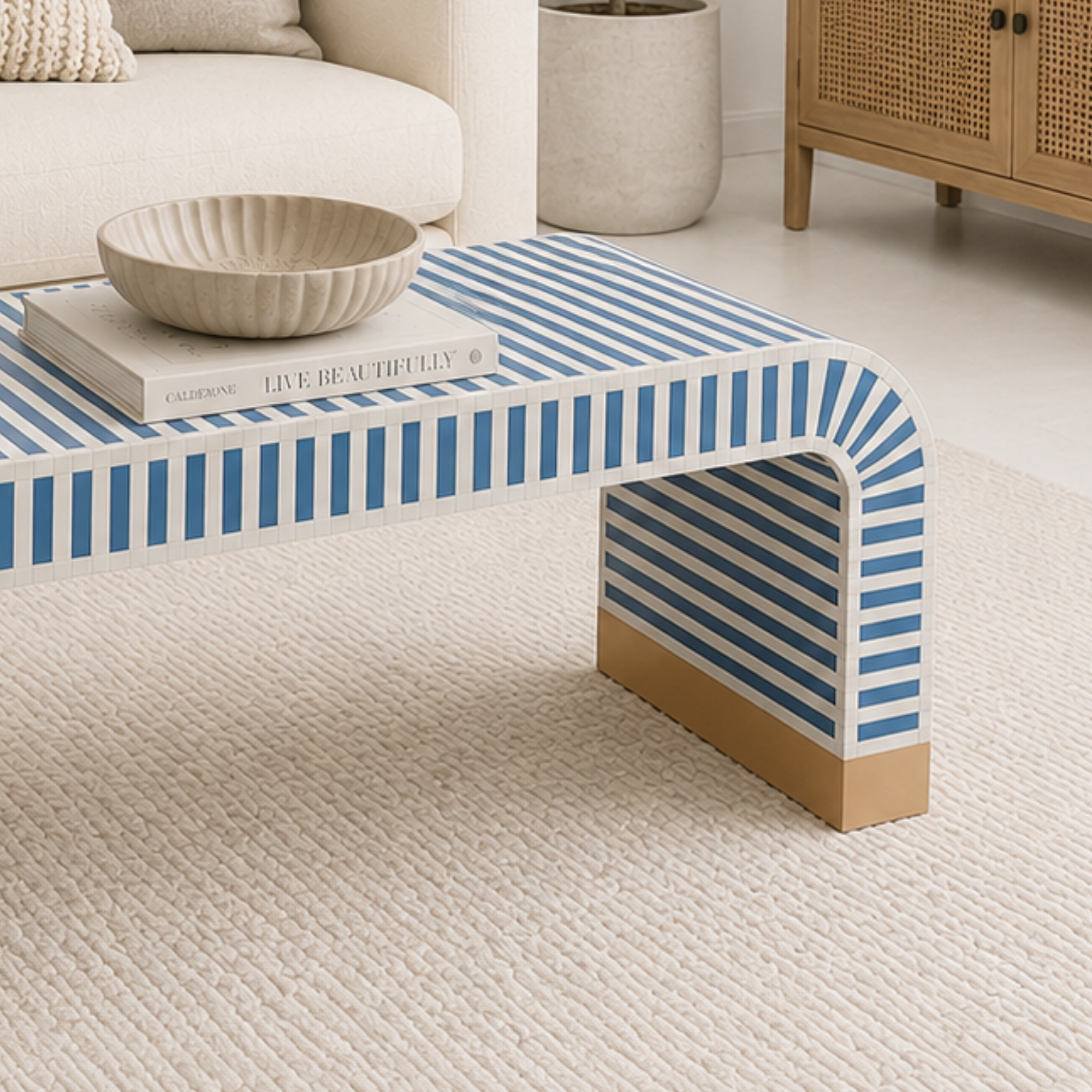 Handmade Black White Striped Bone Inlay Coffee Table, Modern Waterfall Coffee Table, Luxury Living Room Furniture