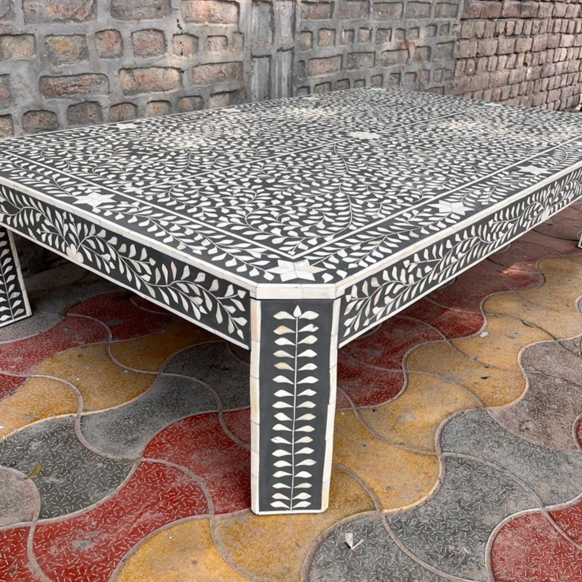 Black & White Bone Inlay Rectangular Coffee Table – Handmade Floral Living Room Table