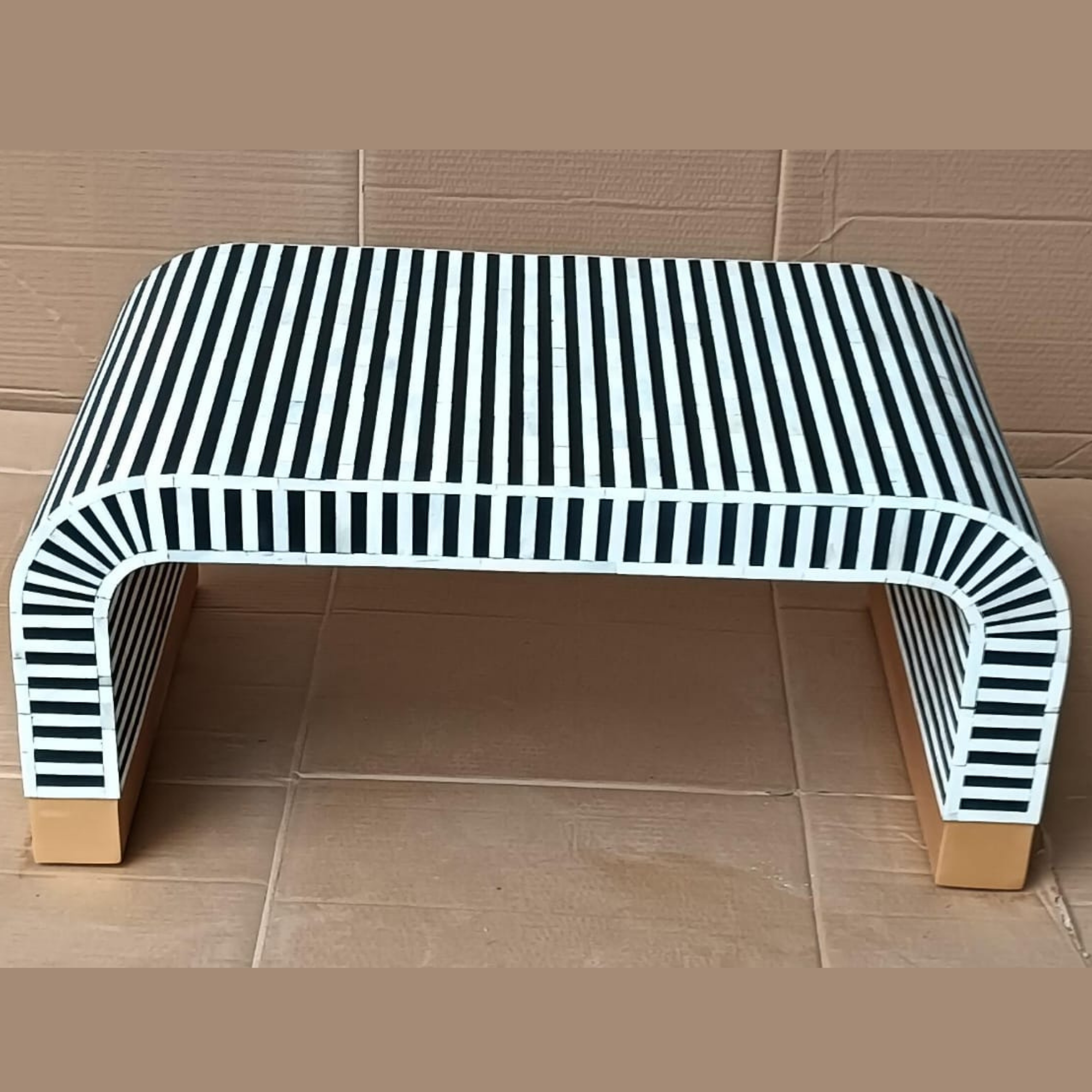 Handmade Black White Striped Bone Inlay Coffee Table, Modern Waterfall Coffee Table, Luxury Living Room Furniture