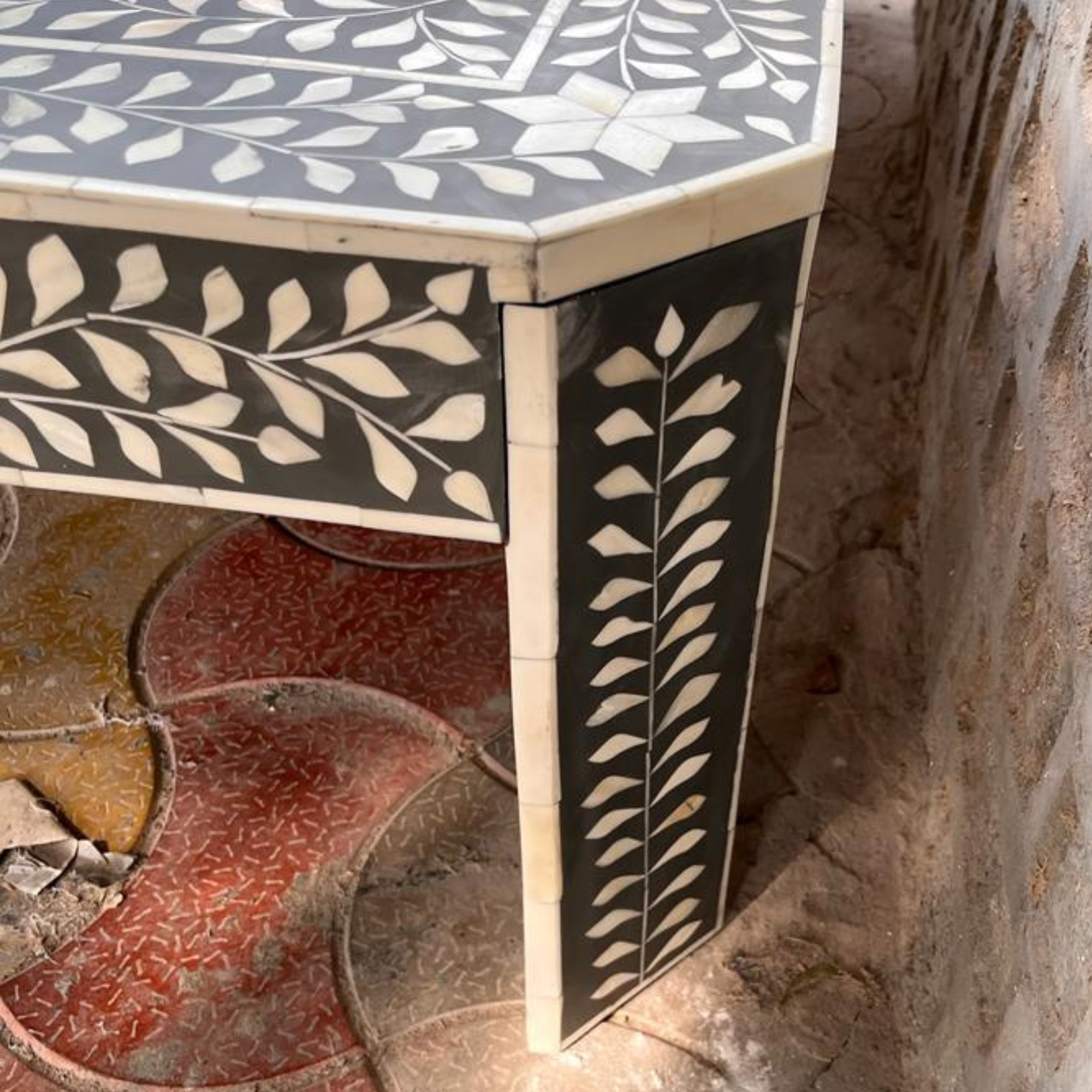 Black & White Bone Inlay Rectangular Coffee Table – Handmade Floral Living Room Table