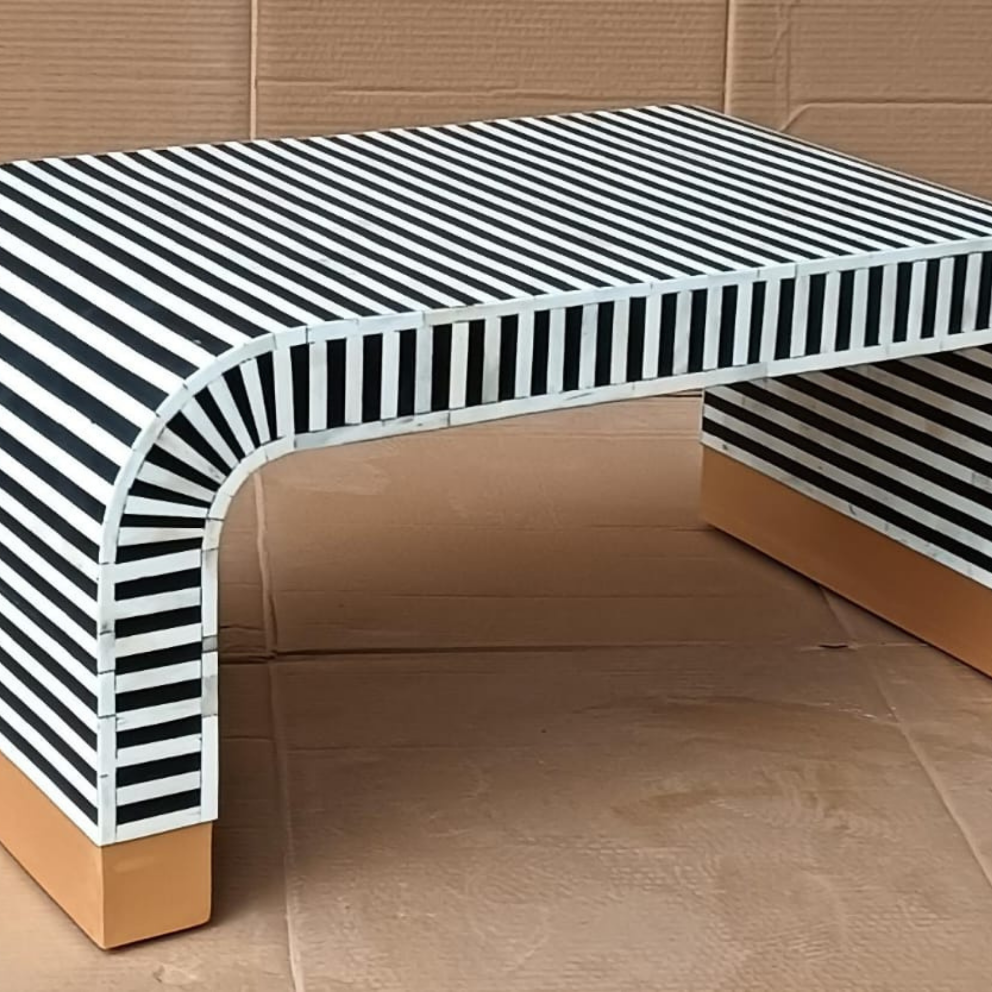 Handmade Black White Striped Bone Inlay Coffee Table, Modern Waterfall Coffee Table, Luxury Living Room Furniture