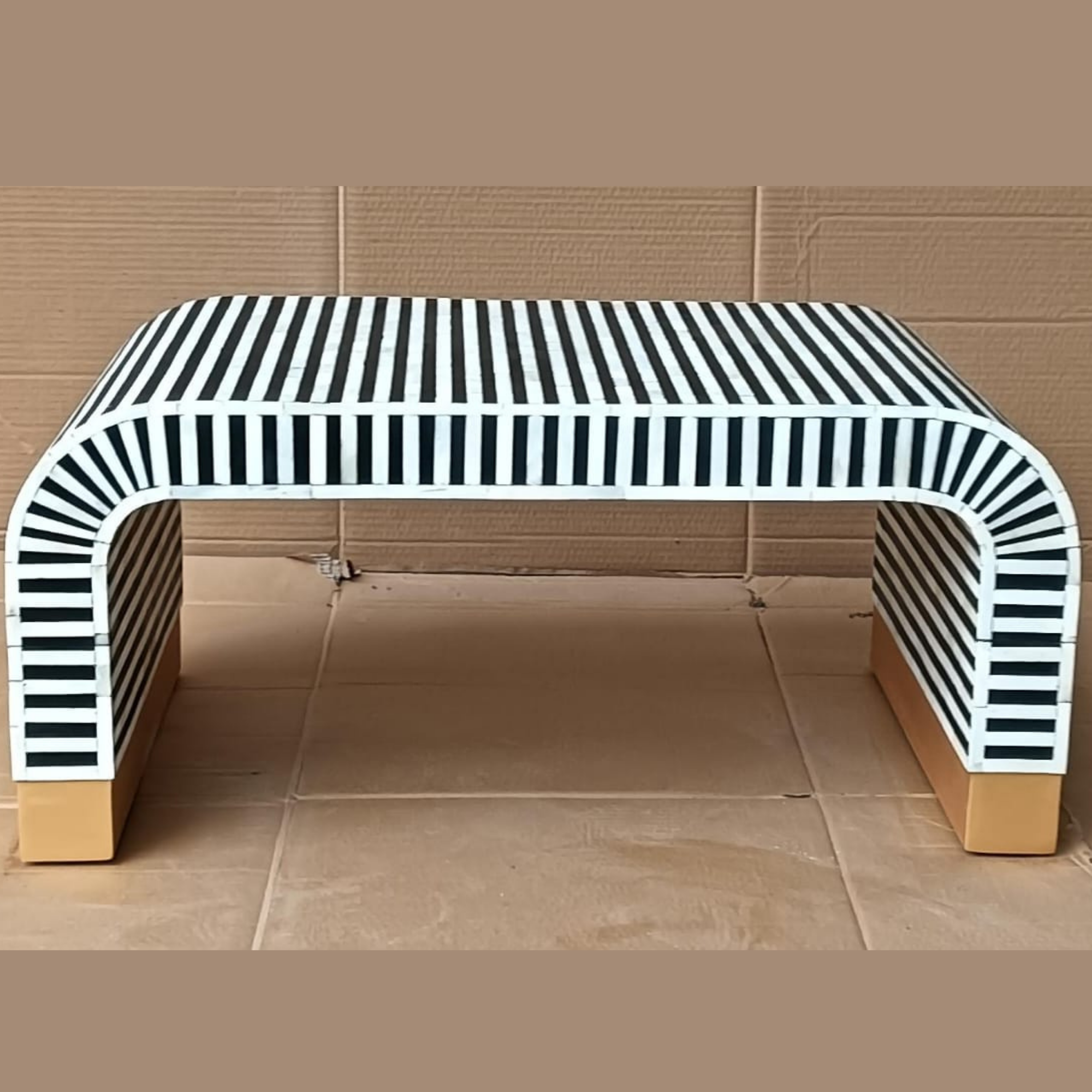 Handmade Black White Striped Bone Inlay Coffee Table, Modern Waterfall Coffee Table, Luxury Living Room Furniture