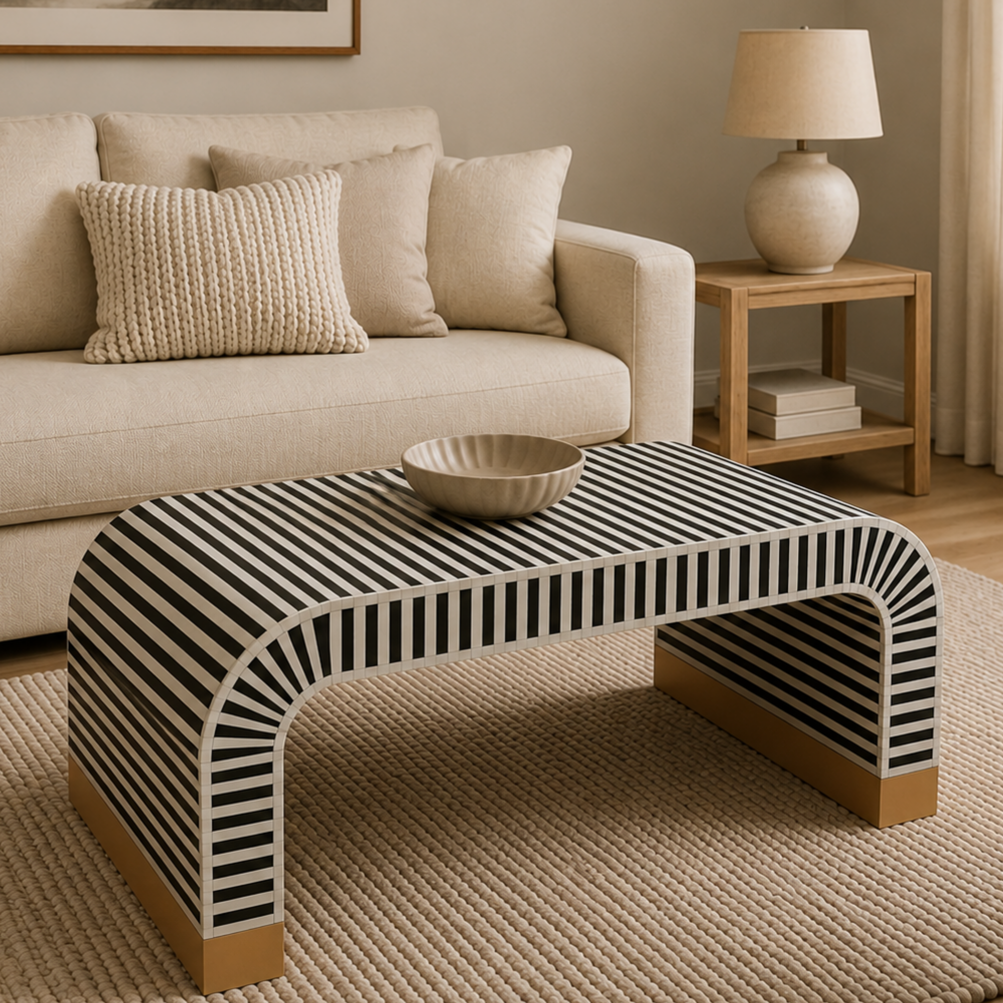 Handmade Black White Striped Bone Inlay Coffee Table, Modern Waterfall Coffee Table, Luxury Living Room Furniture