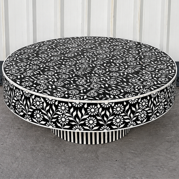 Handmade Bone Inlay Round Coffee Table Black White Floral Pattern | Luxury Living Room Center Table