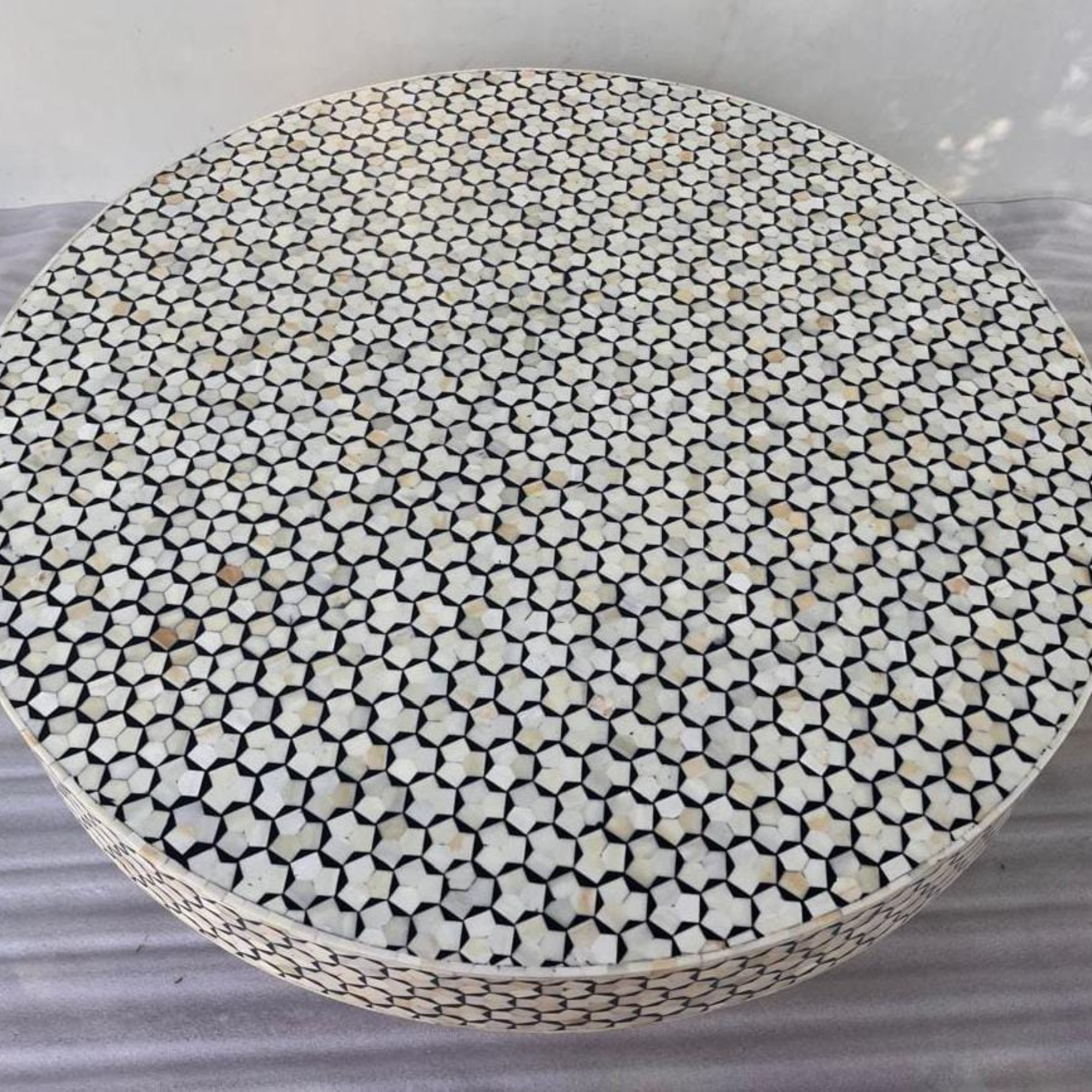 Black & White Bone Inlay Round Coffee Table with Brass Base – Handmade Mosaic Center Table