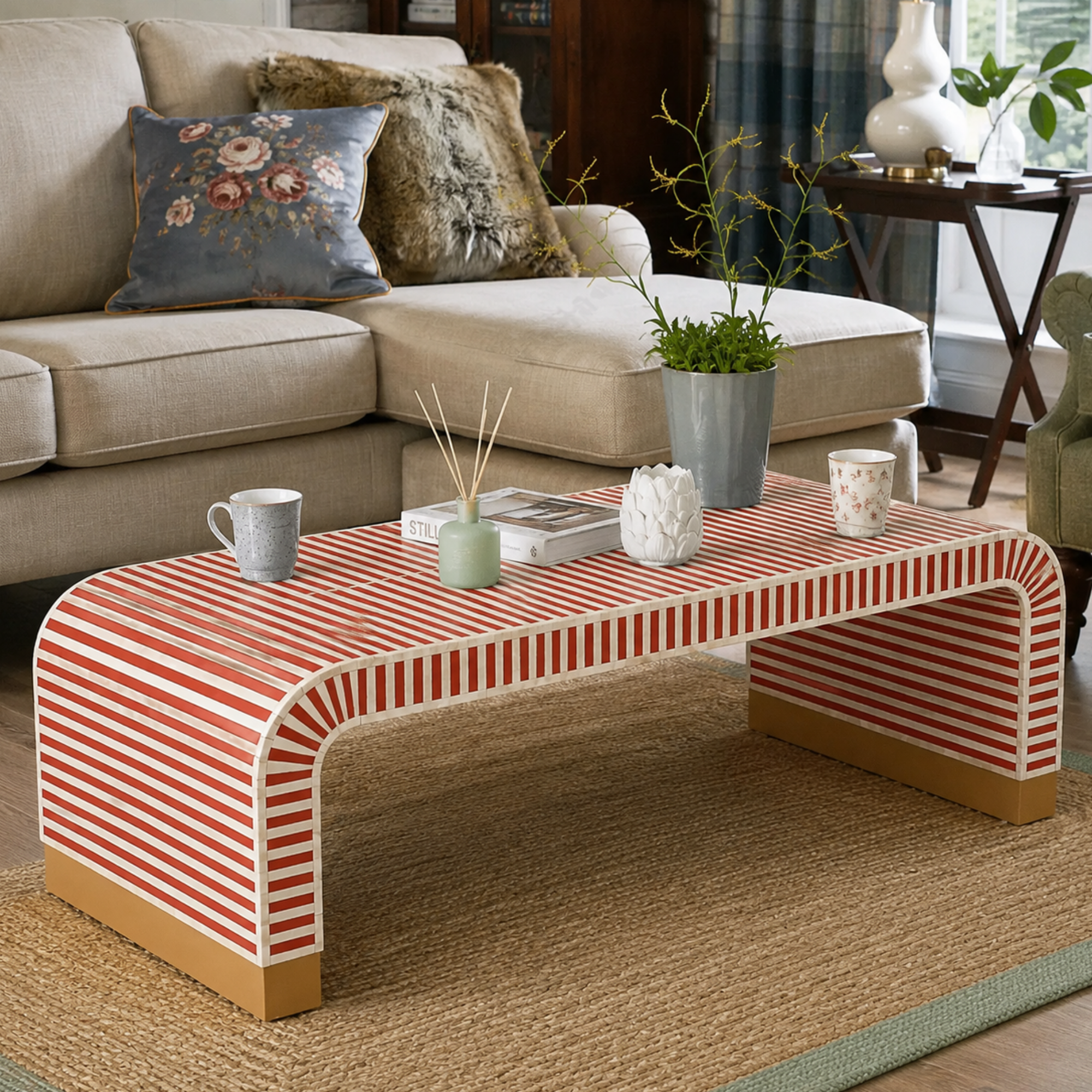 Handmade Bone Inlay Striped Coffee Table, Red White Waterfall Coffee Table, Luxury Living Room Furniture, Artisan Decor
