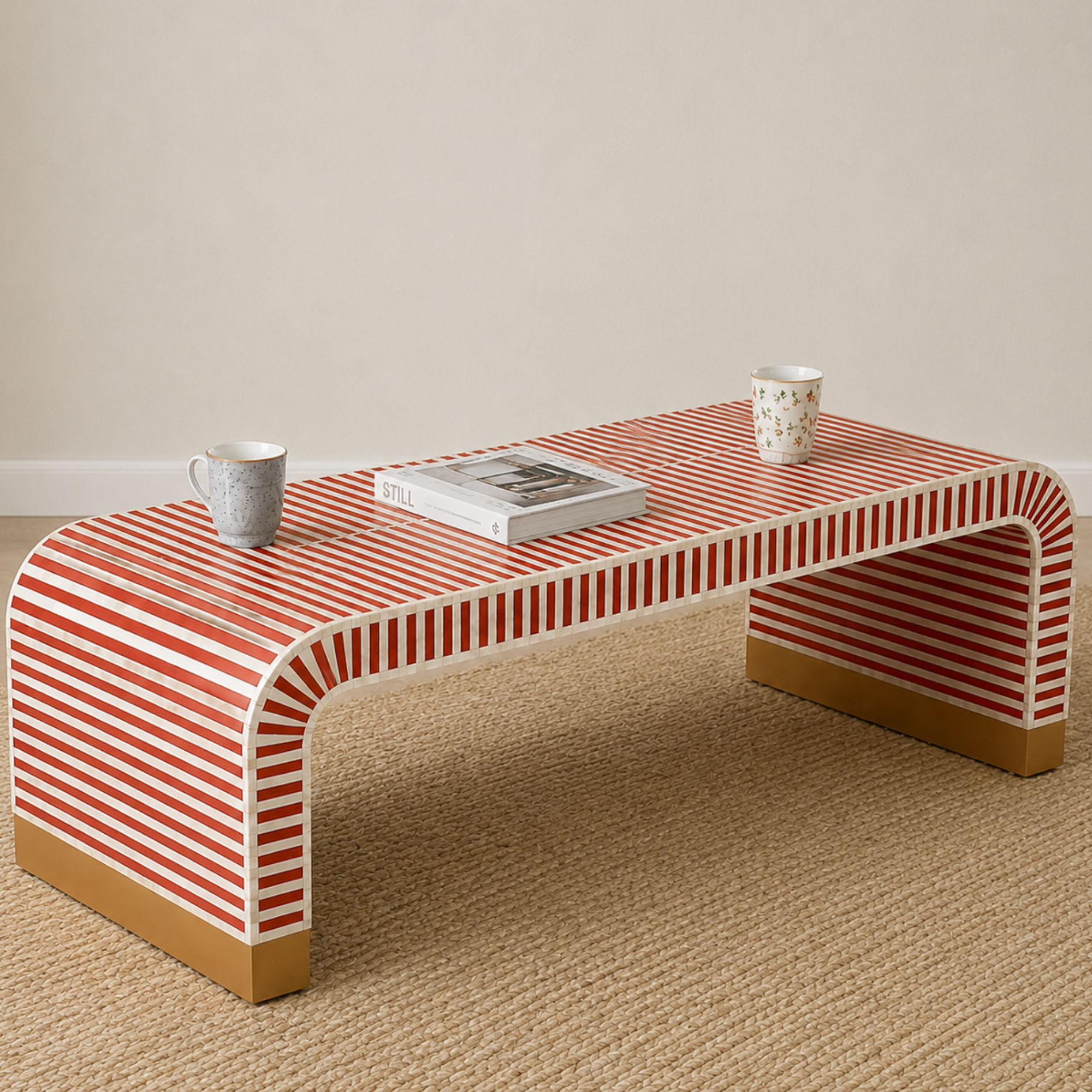 Handmade Bone Inlay Striped Coffee Table, Red White Waterfall Coffee Table, Luxury Living Room Furniture, Artisan Decor