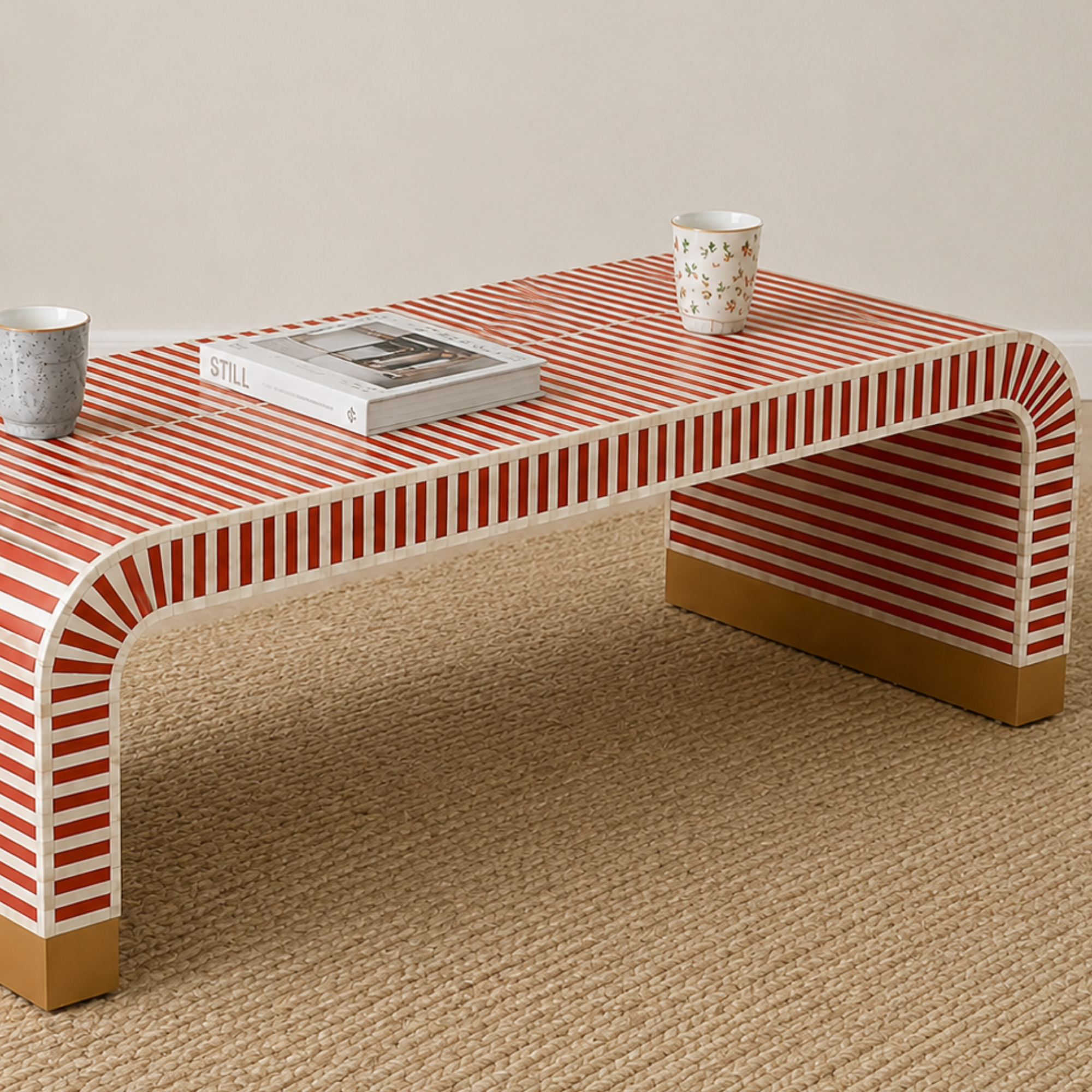 Handmade Bone Inlay Striped Coffee Table, Red White Waterfall Coffee Table, Luxury Living Room Furniture, Artisan Decor