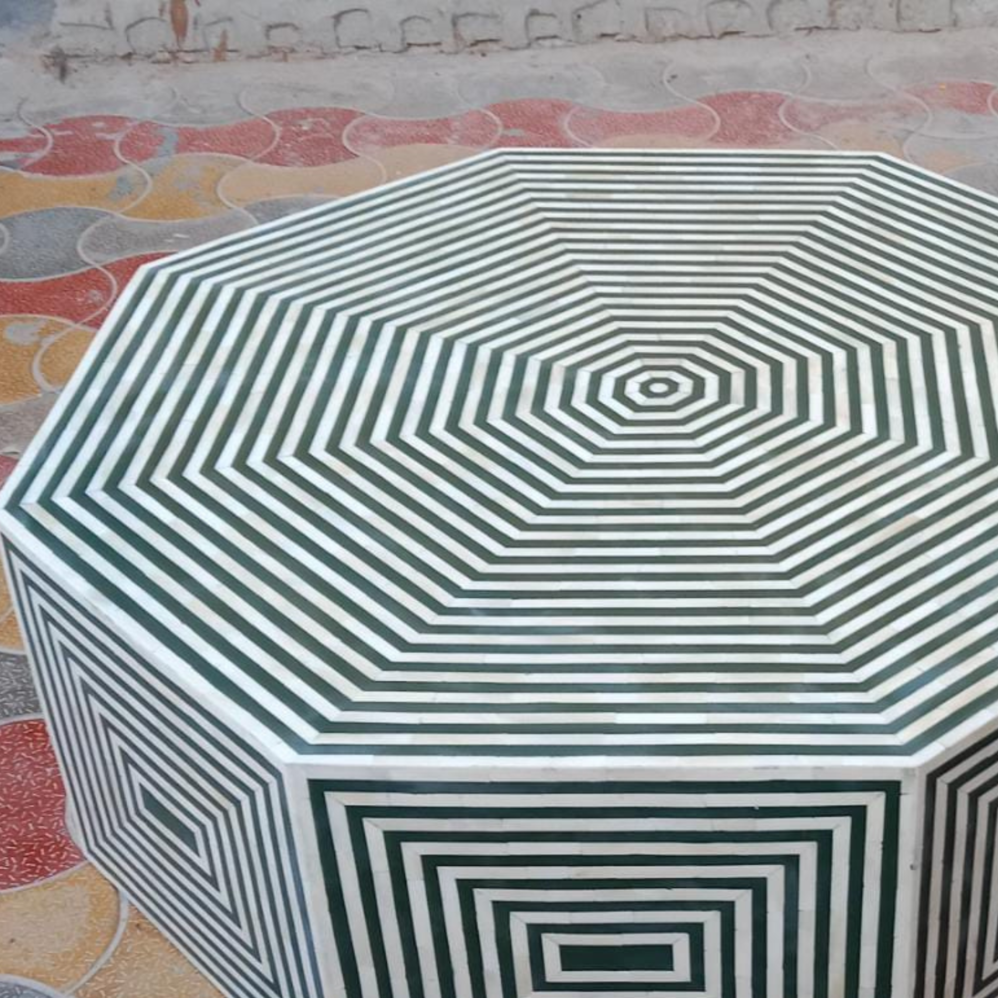 Green & White Bone Inlay Octagon Coffee Table – Handmade Geometric Center Table