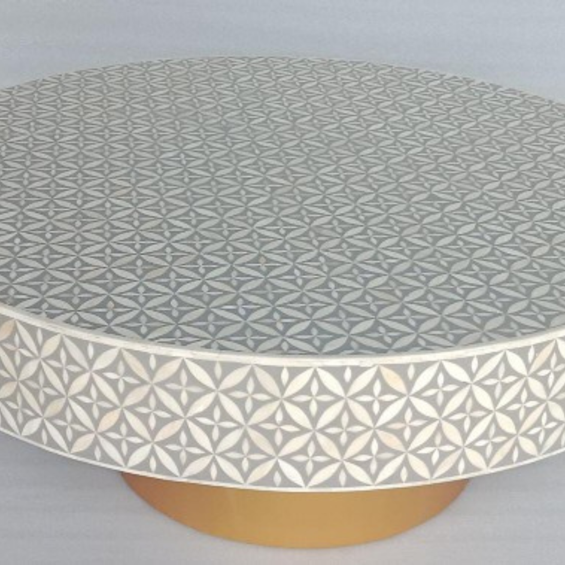 Grey & White Bone Inlay Round Coffee Table with Brass Base – Handmade Luxury Center Table
