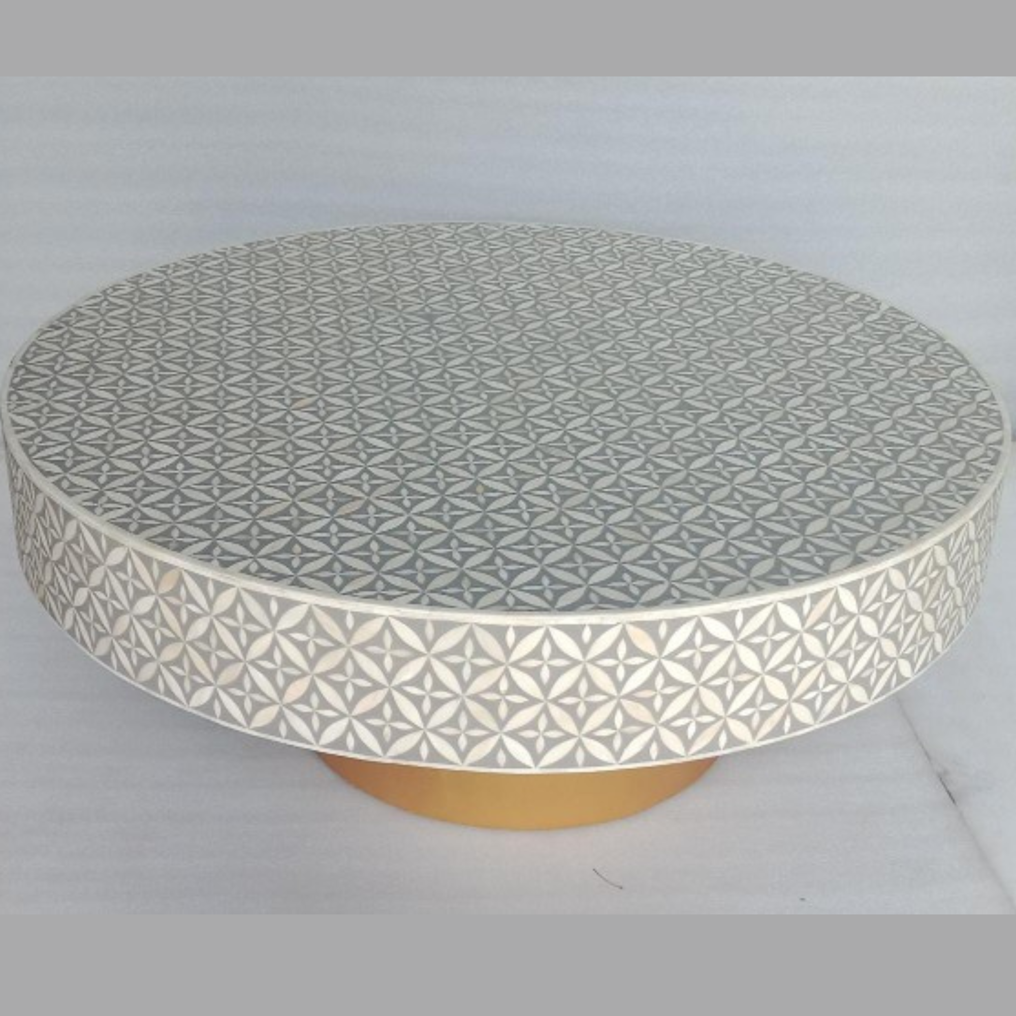 Grey & White Bone Inlay Round Coffee Table with Brass Base – Handmade Luxury Center Table