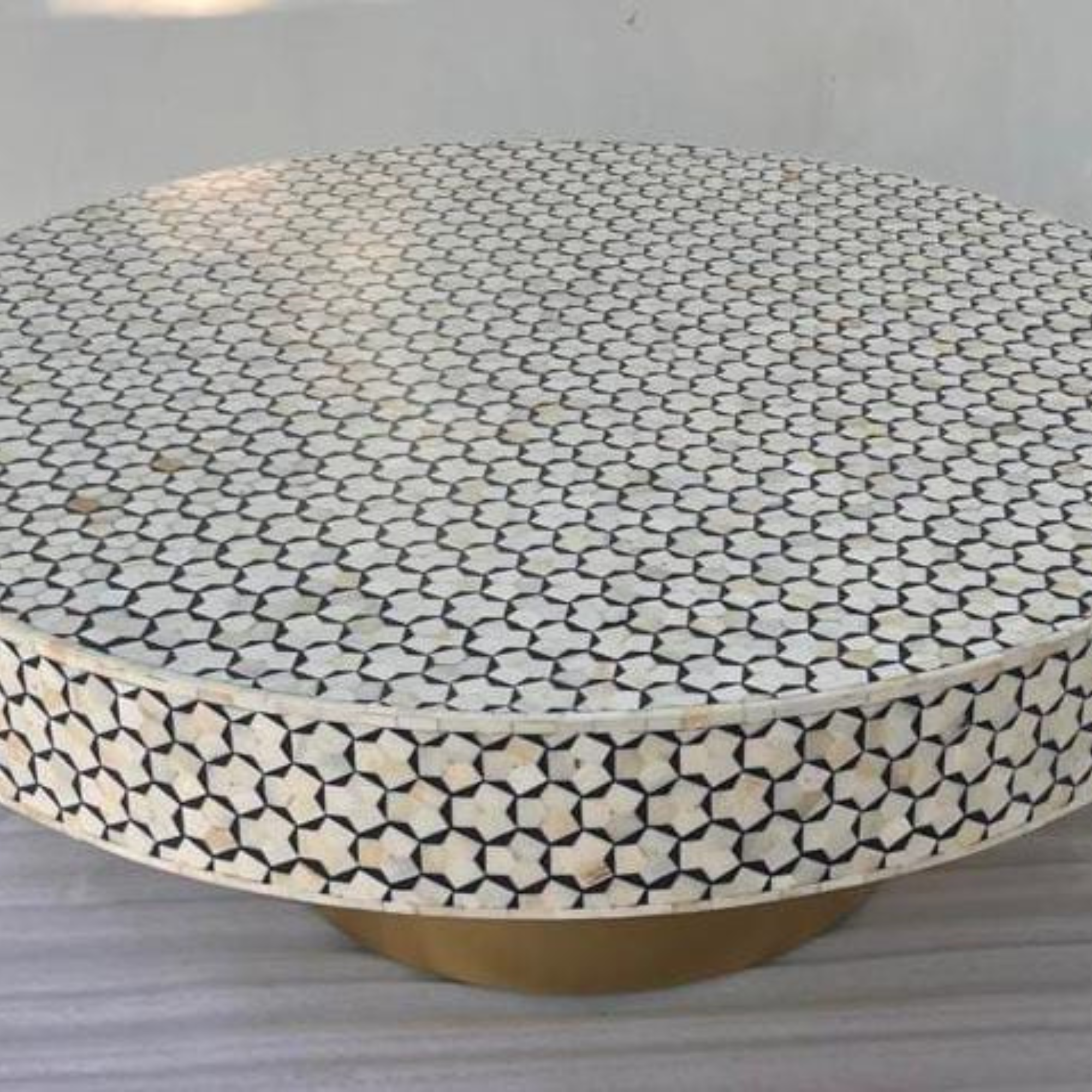 Black & White Bone Inlay Round Coffee Table with Brass Base – Handmade Mosaic Center Table