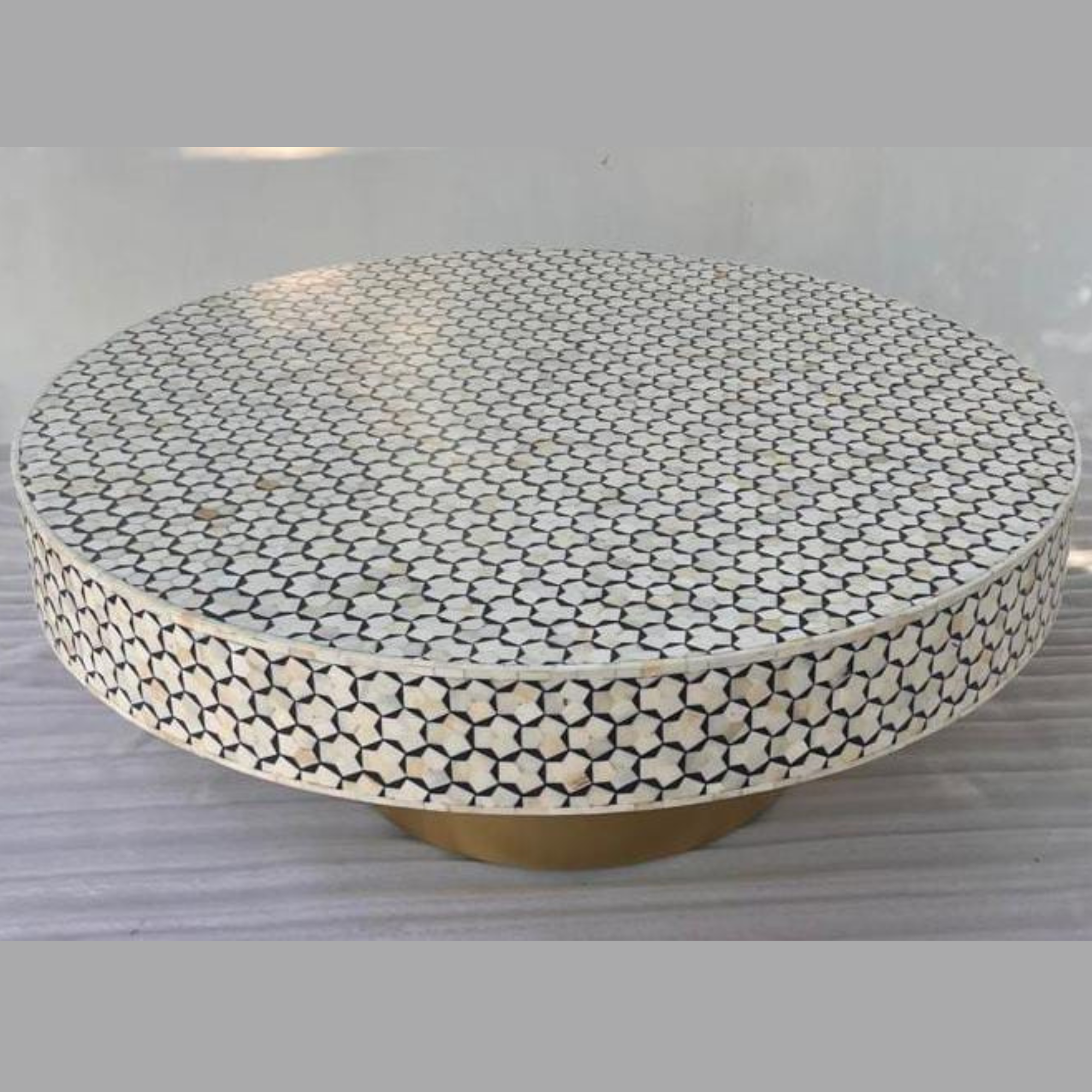 Black & White Bone Inlay Round Coffee Table with Brass Base – Handmade Mosaic Center Table