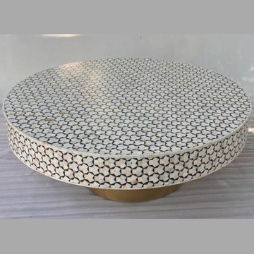 Black & White Bone Inlay Round Coffee Table with Brass Base – Handmade Mosaic Center Table