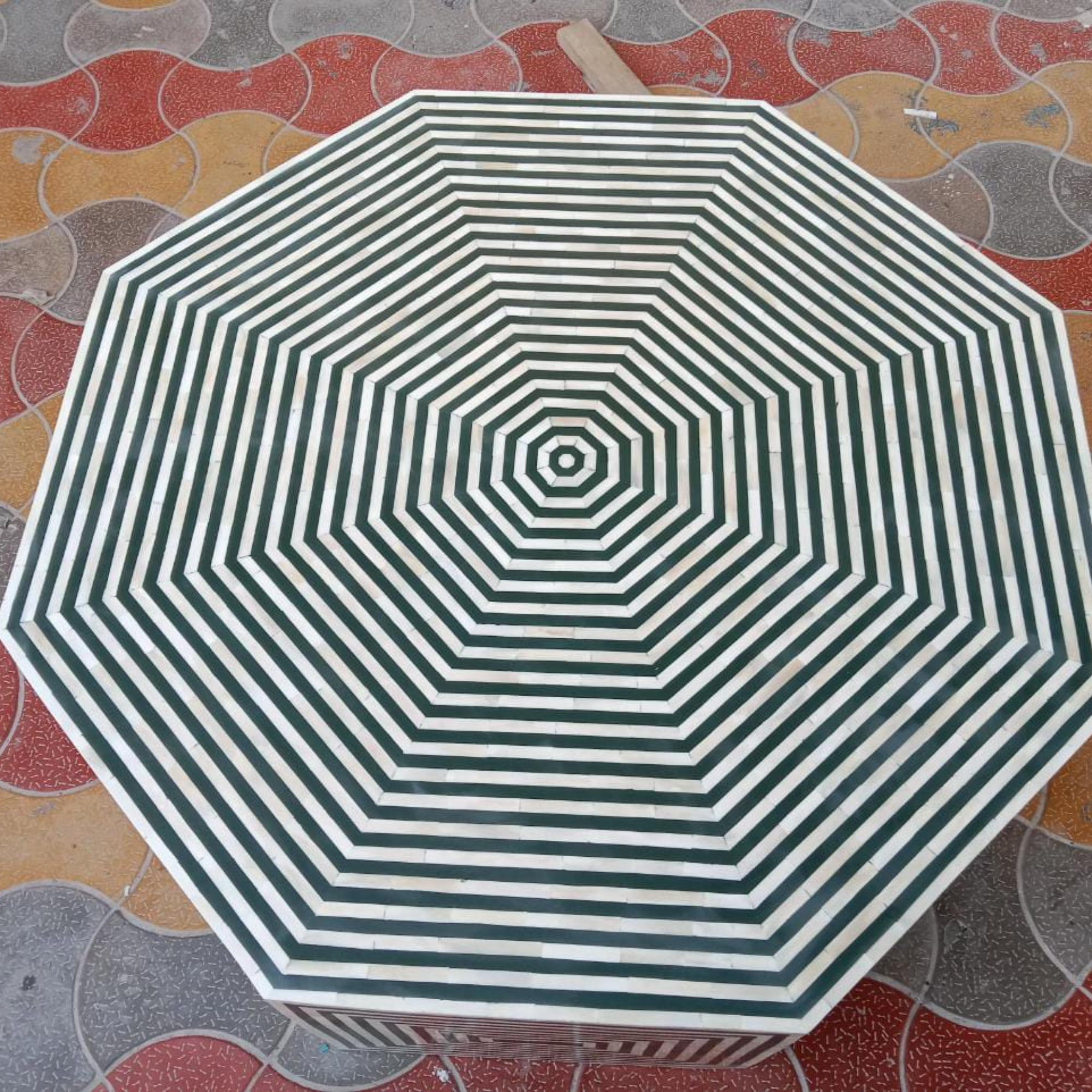 Green & White Bone Inlay Octagon Coffee Table – Handmade Geometric Center Table
