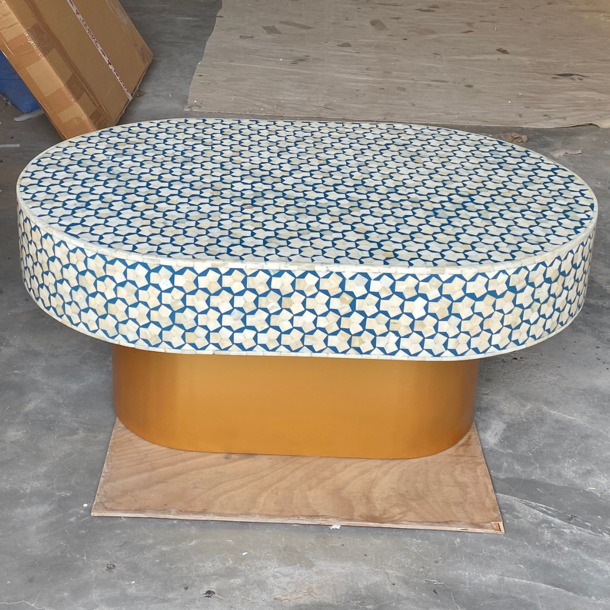 Handmade Blue Bone Inlay Oval Coffee Table | Luxury Center Table with Gold Base