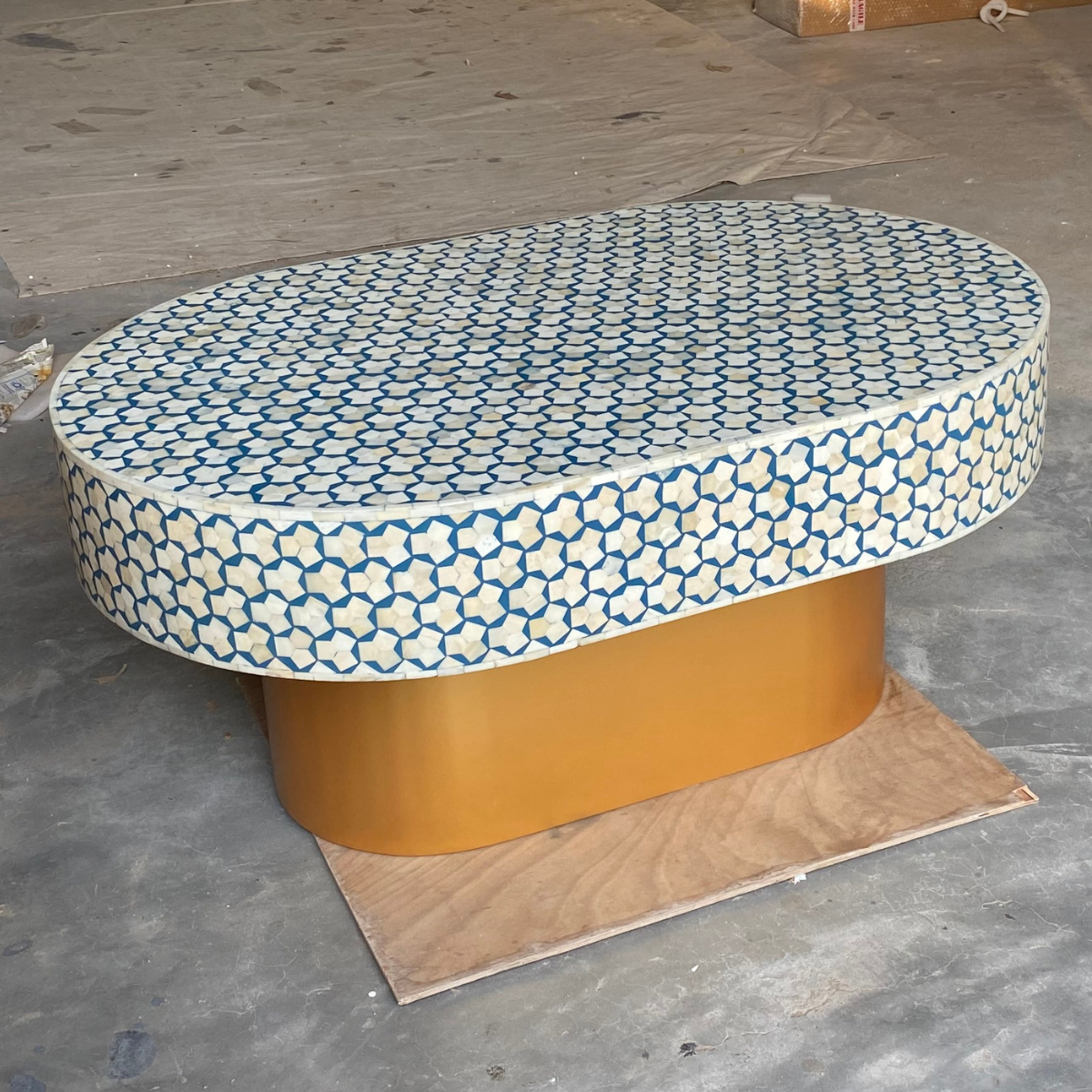 Handmade Blue Bone Inlay Oval Coffee Table | Luxury Center Table with Gold Base