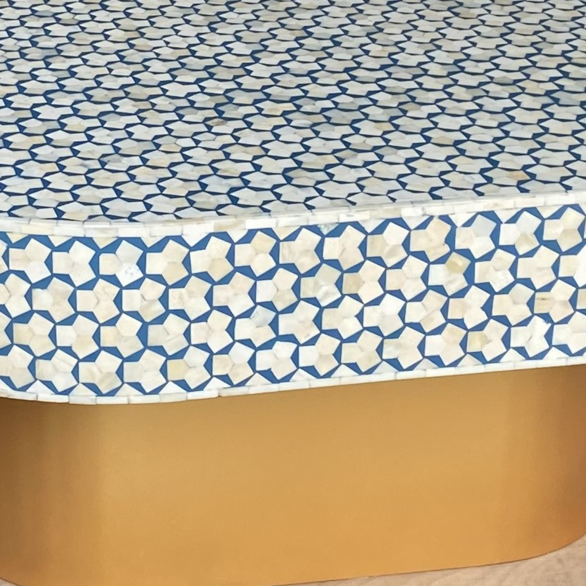 Handmade Blue Bone Inlay Oval Coffee Table | Luxury Center Table with Gold Base