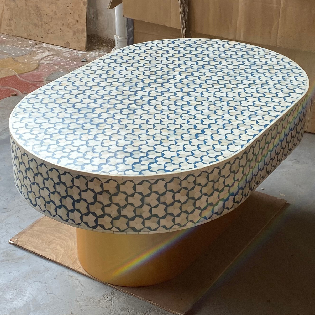 Handmade Blue Bone Inlay Oval Coffee Table | Luxury Center Table with Gold Base