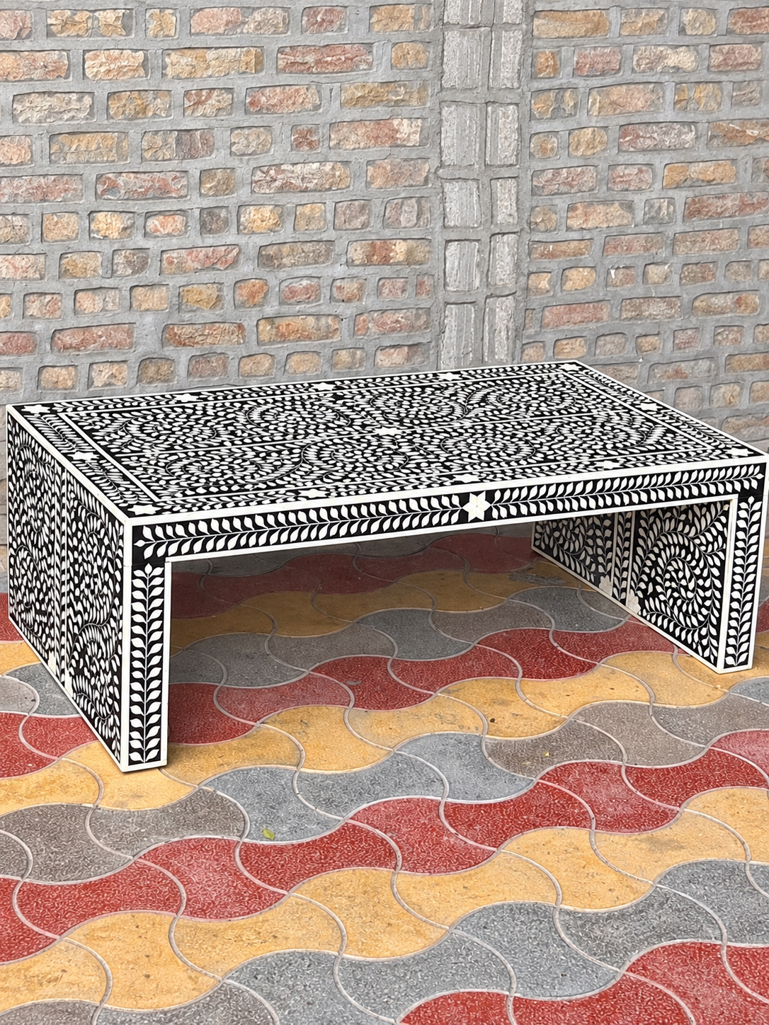 Handmade Black Bone Inlay Coffee Table – Floral Vine Design