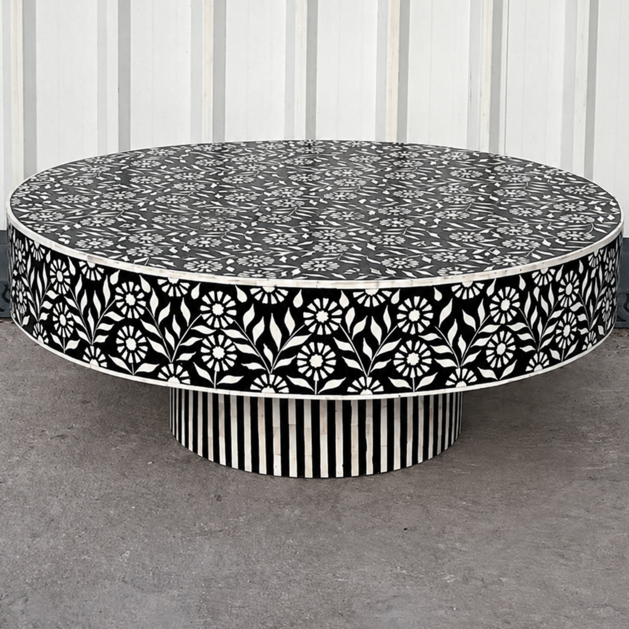 Handmade Bone Inlay Round Coffee Table Black White Floral Pattern | Luxury Living Room Center Table