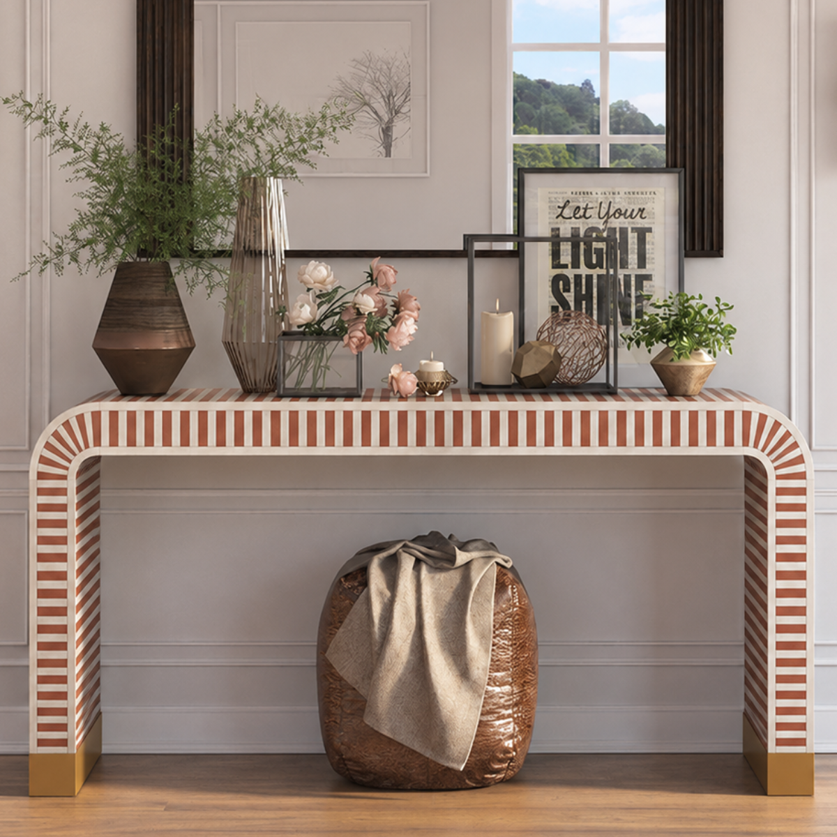 Handmade Stripe Bone Inlay Console Table | Modern Entryway Console Desk