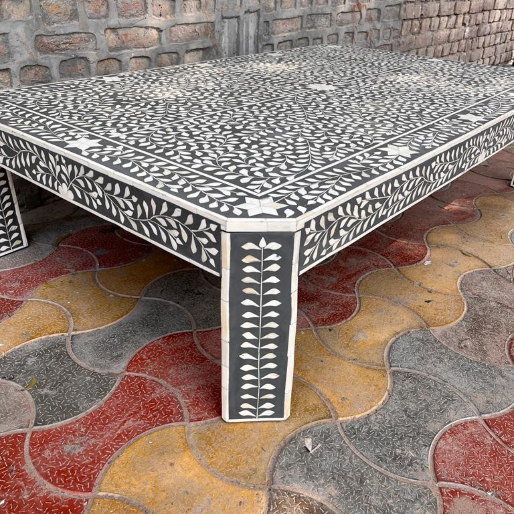 Black & White Bone Inlay Rectangular Coffee Table – Handmade Floral Living Room Table