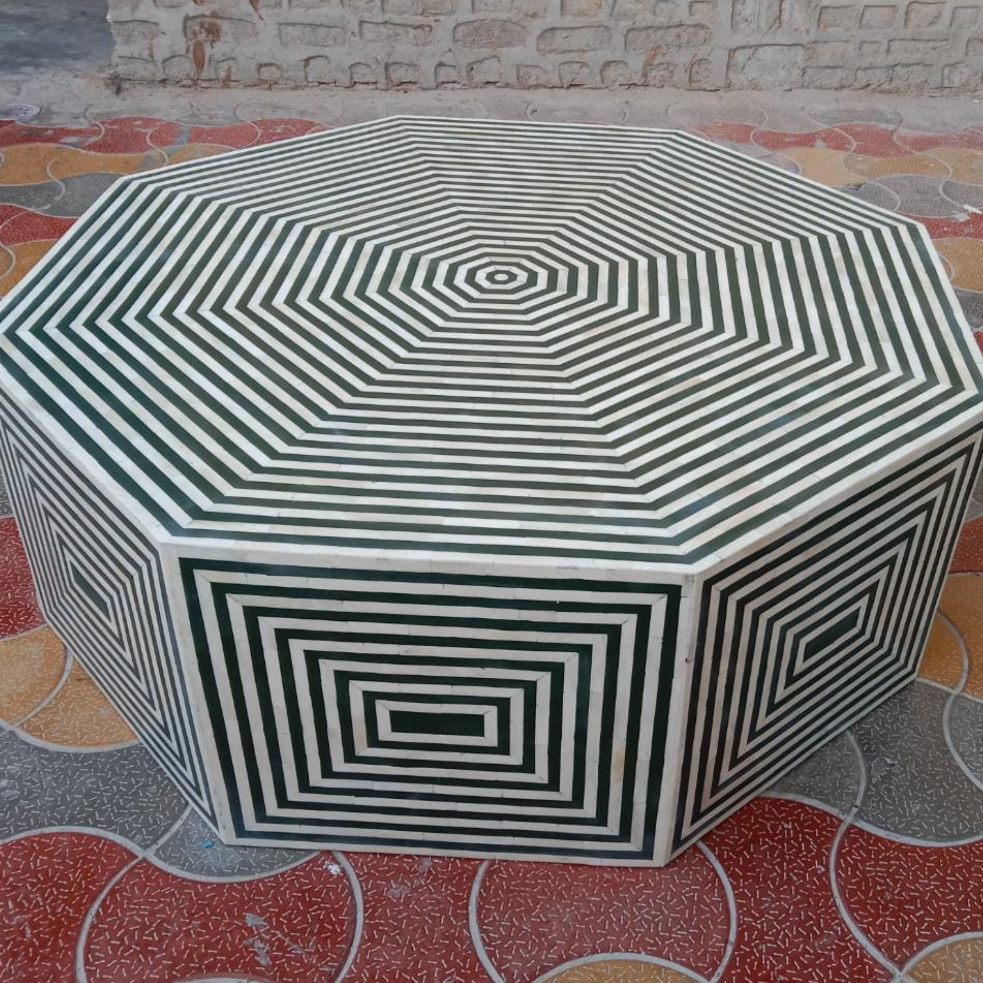 Green & White Bone Inlay Octagon Coffee Table – Handmade Geometric Center Table