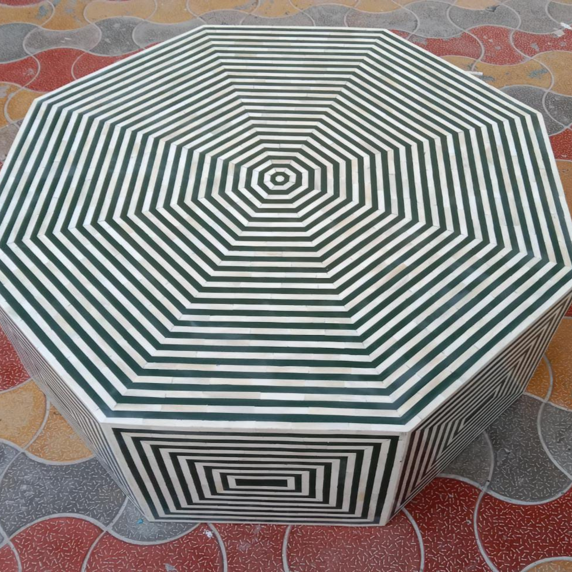 Green & White Bone Inlay Octagon Coffee Table – Handmade Geometric Center Table