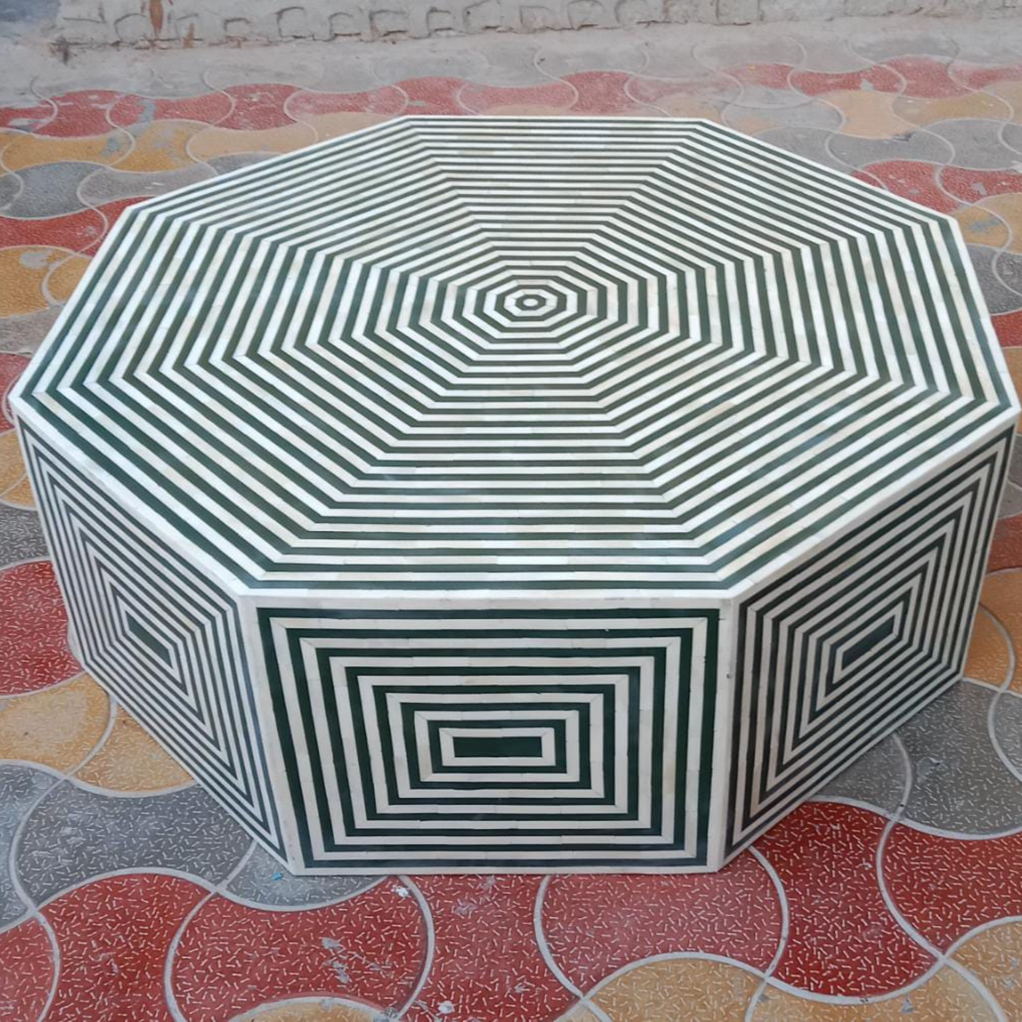 Green & White Bone Inlay Octagon Coffee Table – Handmade Geometric Center Table
