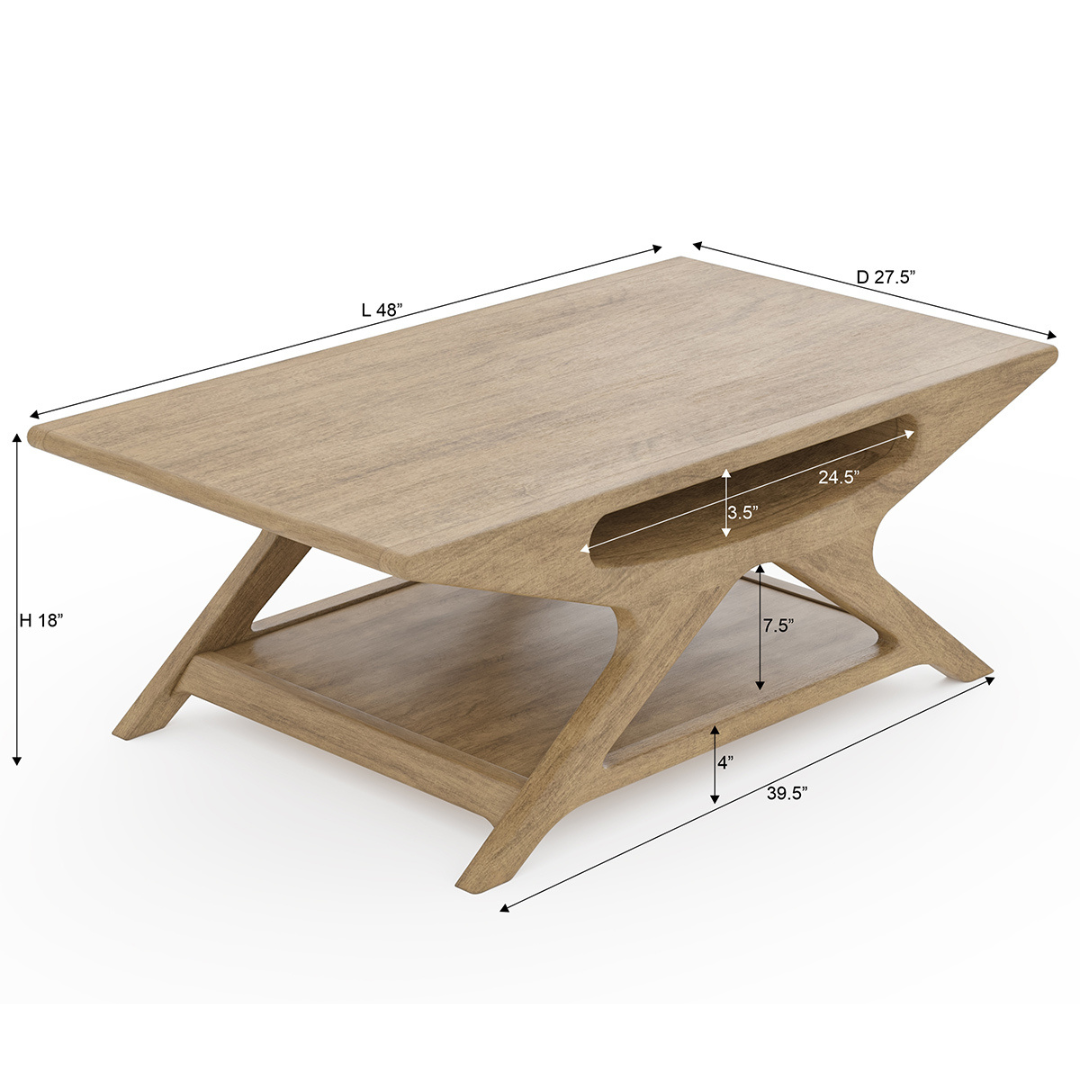 Modern Wooden Coffee Table – Handmade Mango Wood Center Table with Shelf