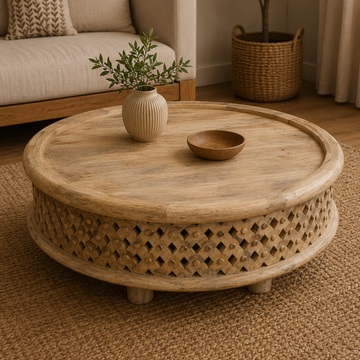 Round Mango Wood Coffee Table – Handmade Rustic Wooden Center Table
