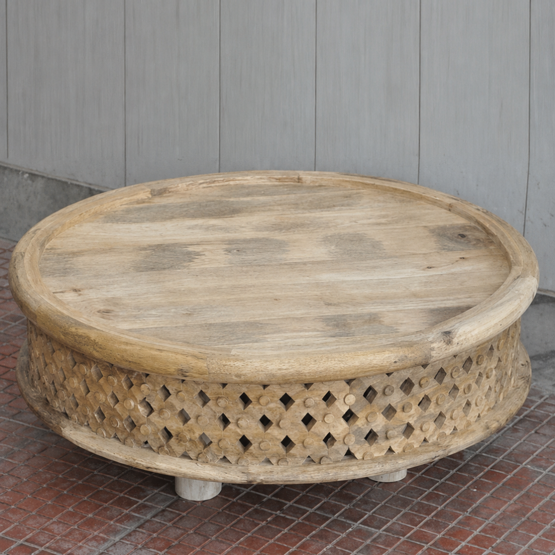 Round Mango Wood Coffee Table – Handmade Rustic Wooden Center Table