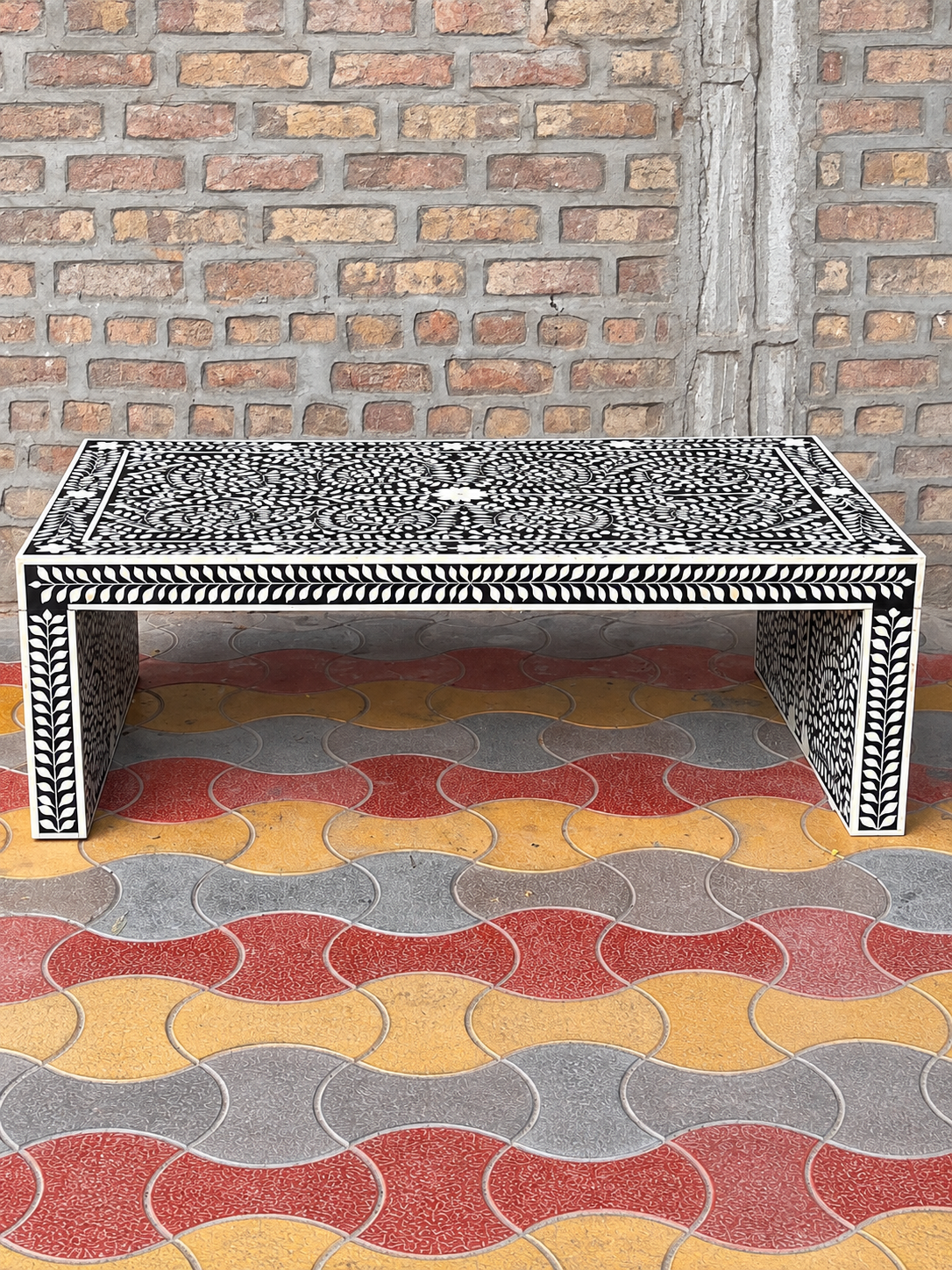 Handmade Black Bone Inlay Coffee Table – Floral Vine Design
