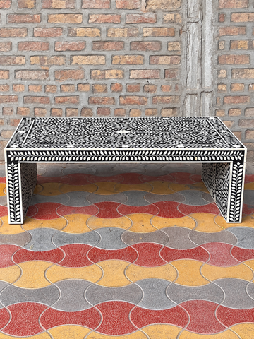 Handmade Black Bone Inlay Coffee Table – Floral Vine Design