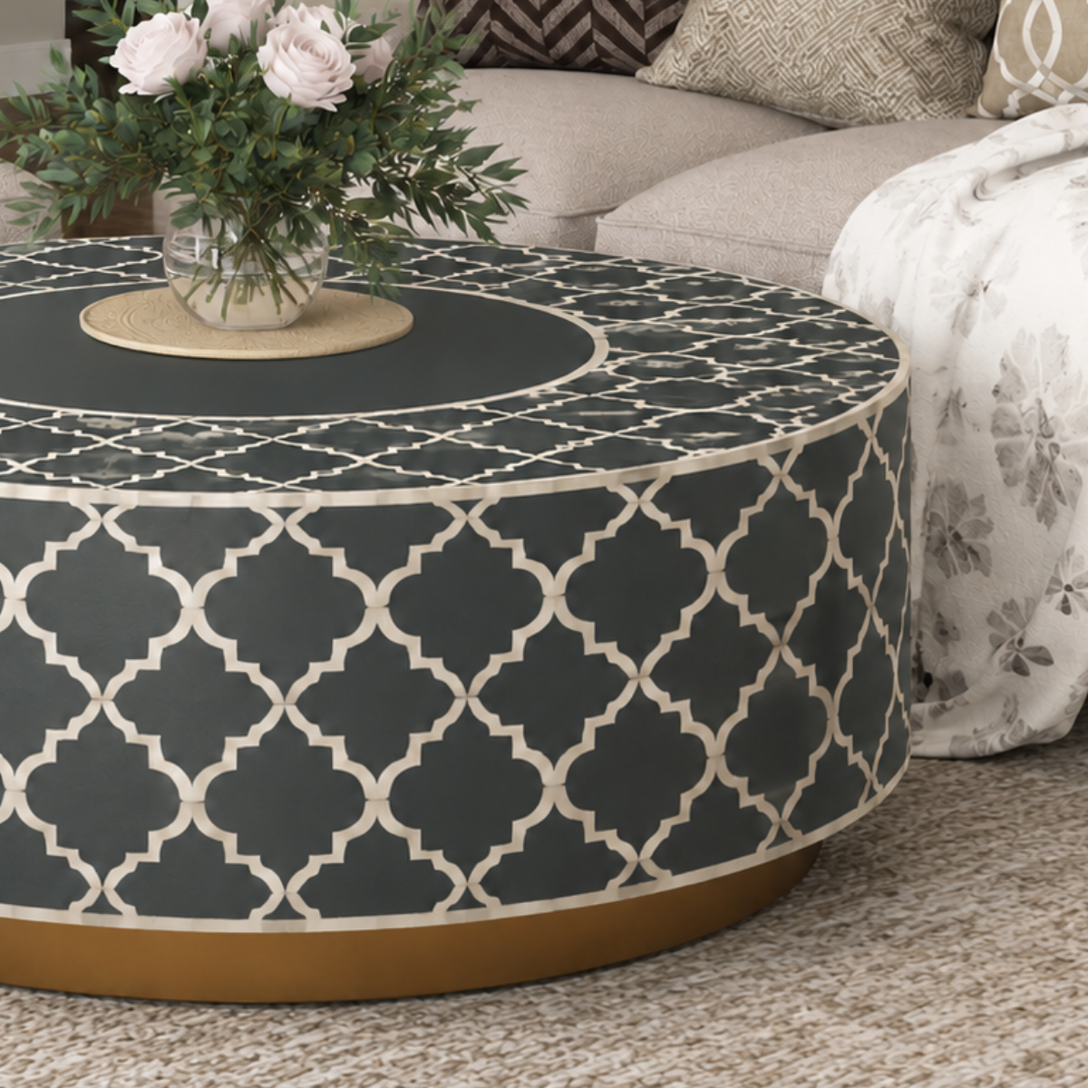 Handmade Black Bone Inlay Round Coffee Table | Luxury Living Room Center Table