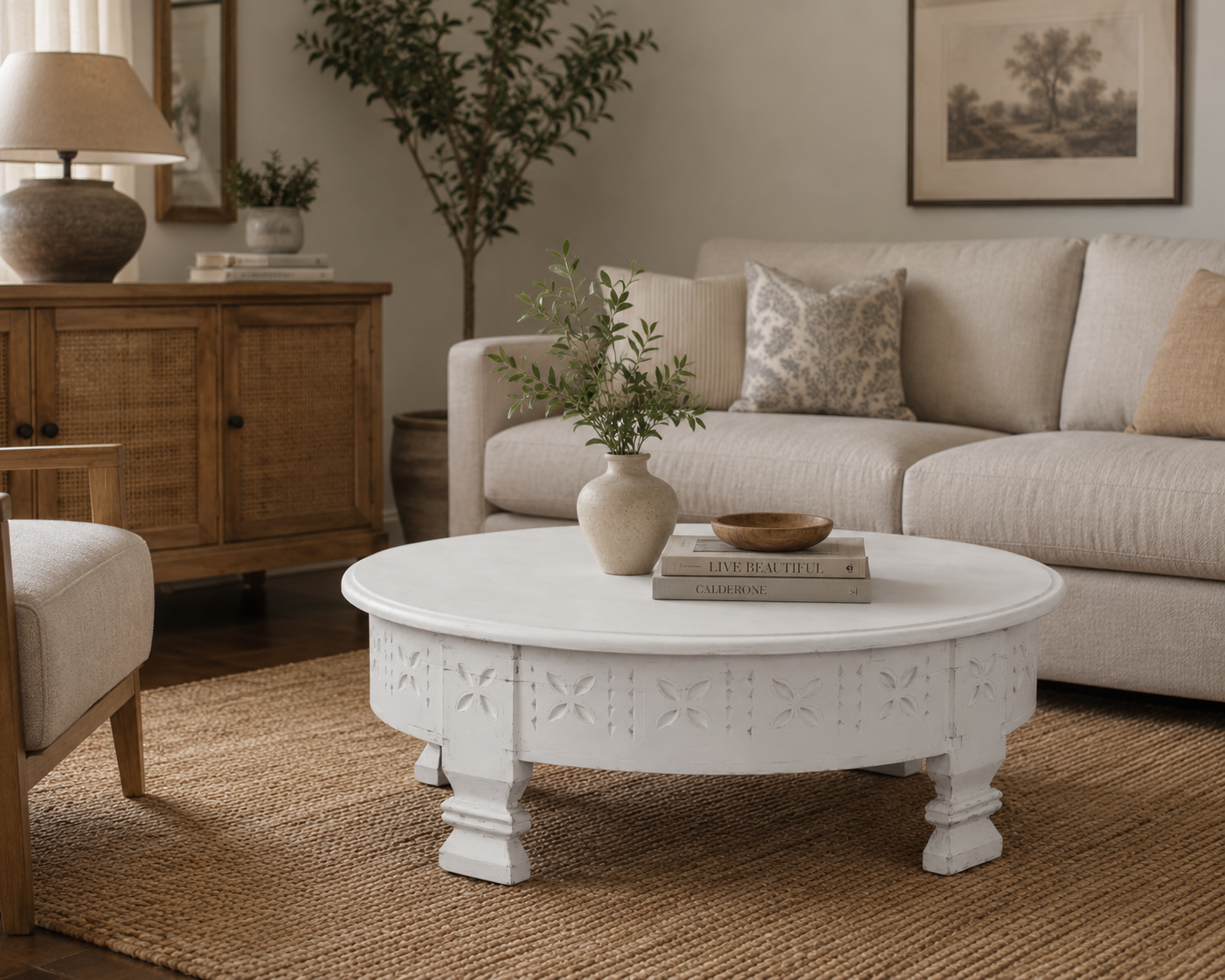 Round Wooden Handmade Coffee Table – Rustic Mango Wood Living Room Table