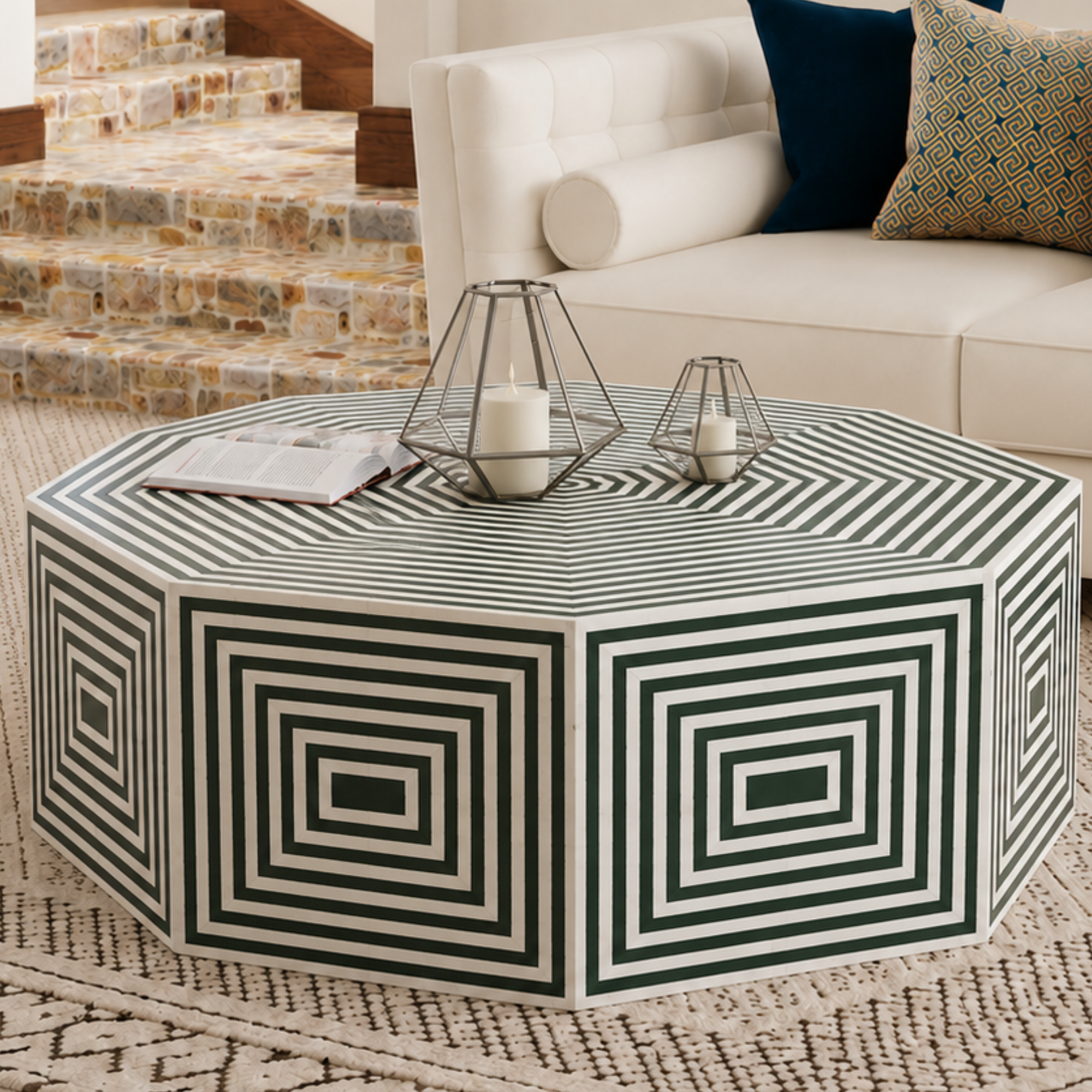 Green & White Bone Inlay Octagon Coffee Table – Handmade Geometric Center Table