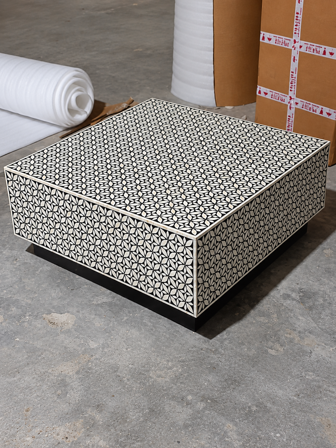 Handmade Black and White Bone Inlay Square Coffee Table – Star Floral Design
