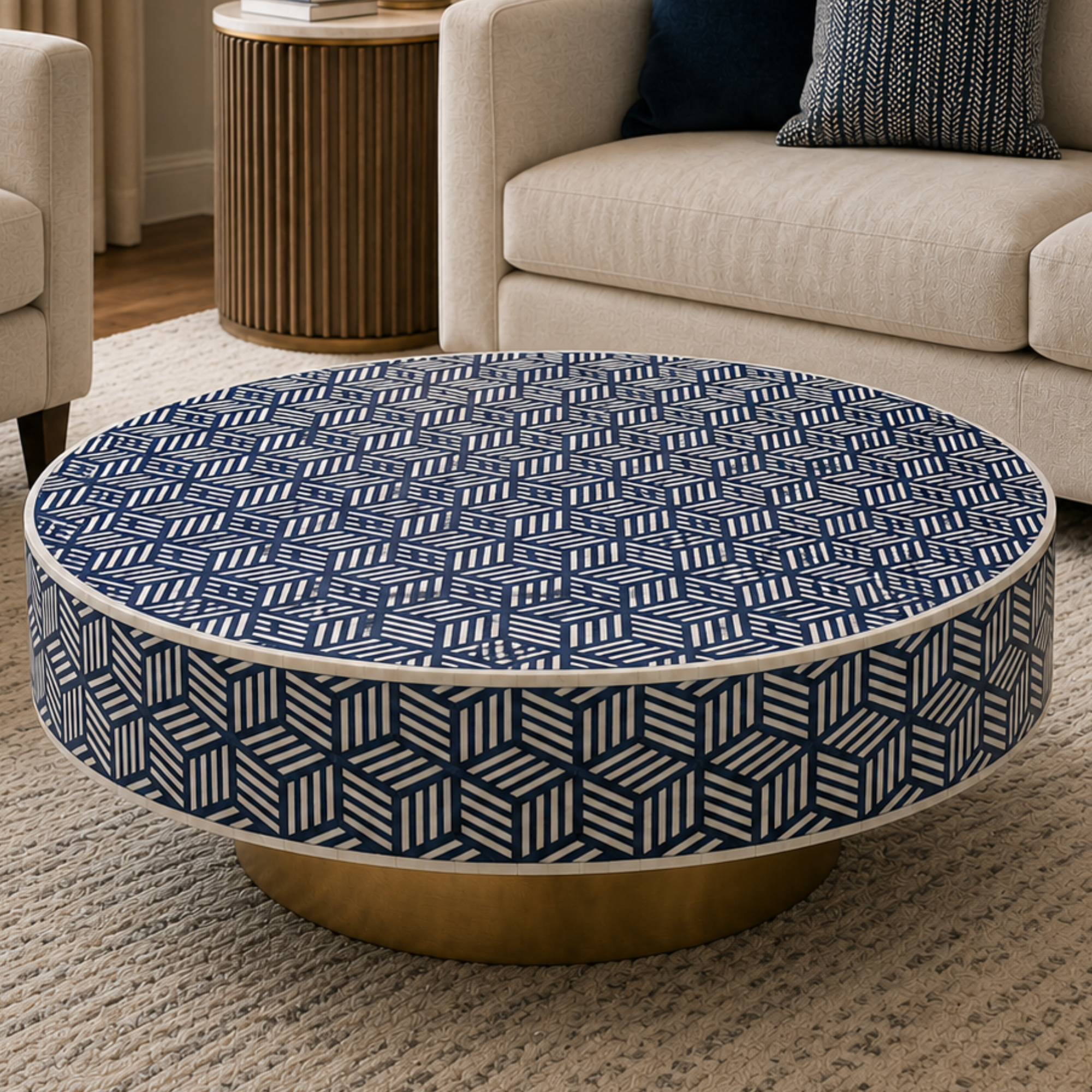 Blue & White Bone Inlay Round Coffee Table with Brass Base – Handmade Geometric Center Table