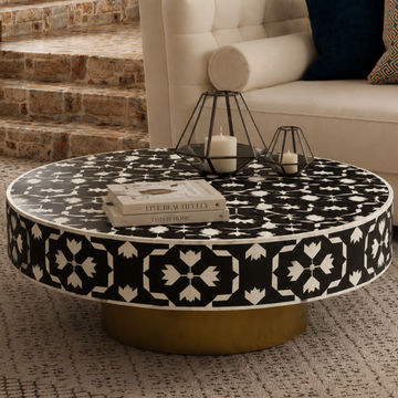 Handmade Black & White Bone Inlay Round Coffee Table – Floral Geometric Design with Gold Base