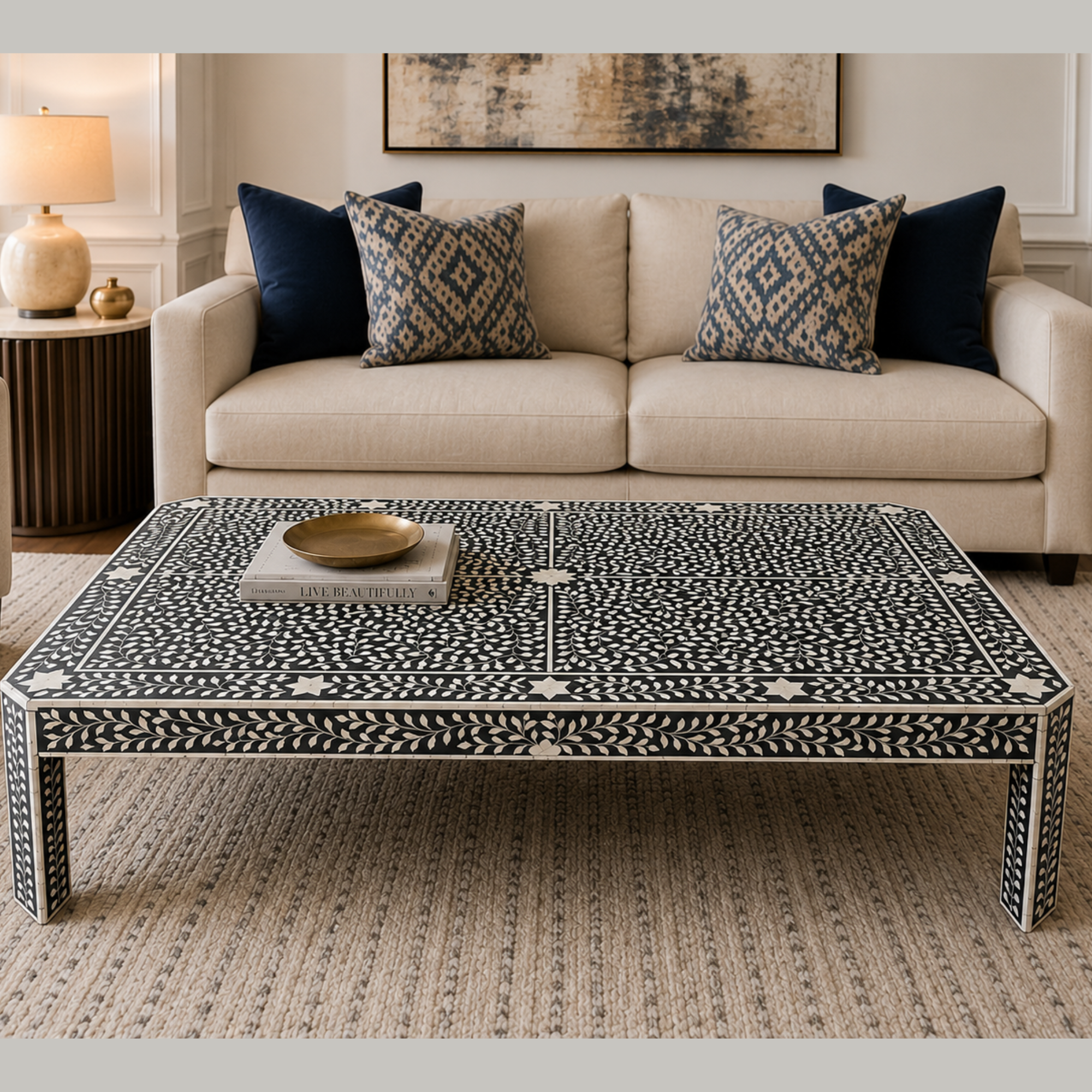 Black & White Bone Inlay Rectangular Coffee Table – Handmade Floral Living Room Table