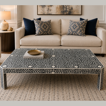 Black & White Bone Inlay Rectangular Coffee Table – Handmade Floral Living Room Table