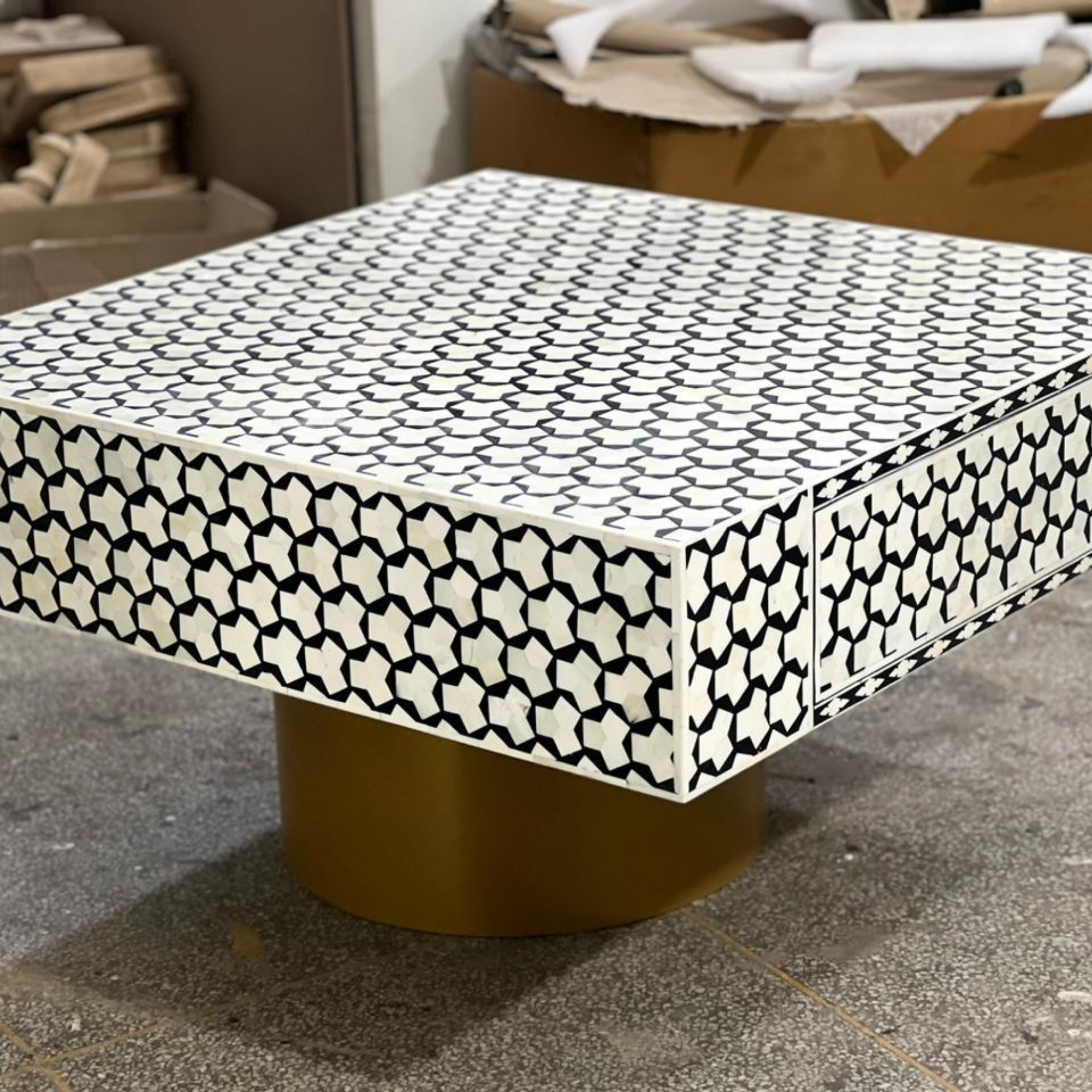 Handmade Black White Bone Inlay Coffee Table, Geometric Coffee Table, Luxury Square Coffee Table, Living Room Furniture