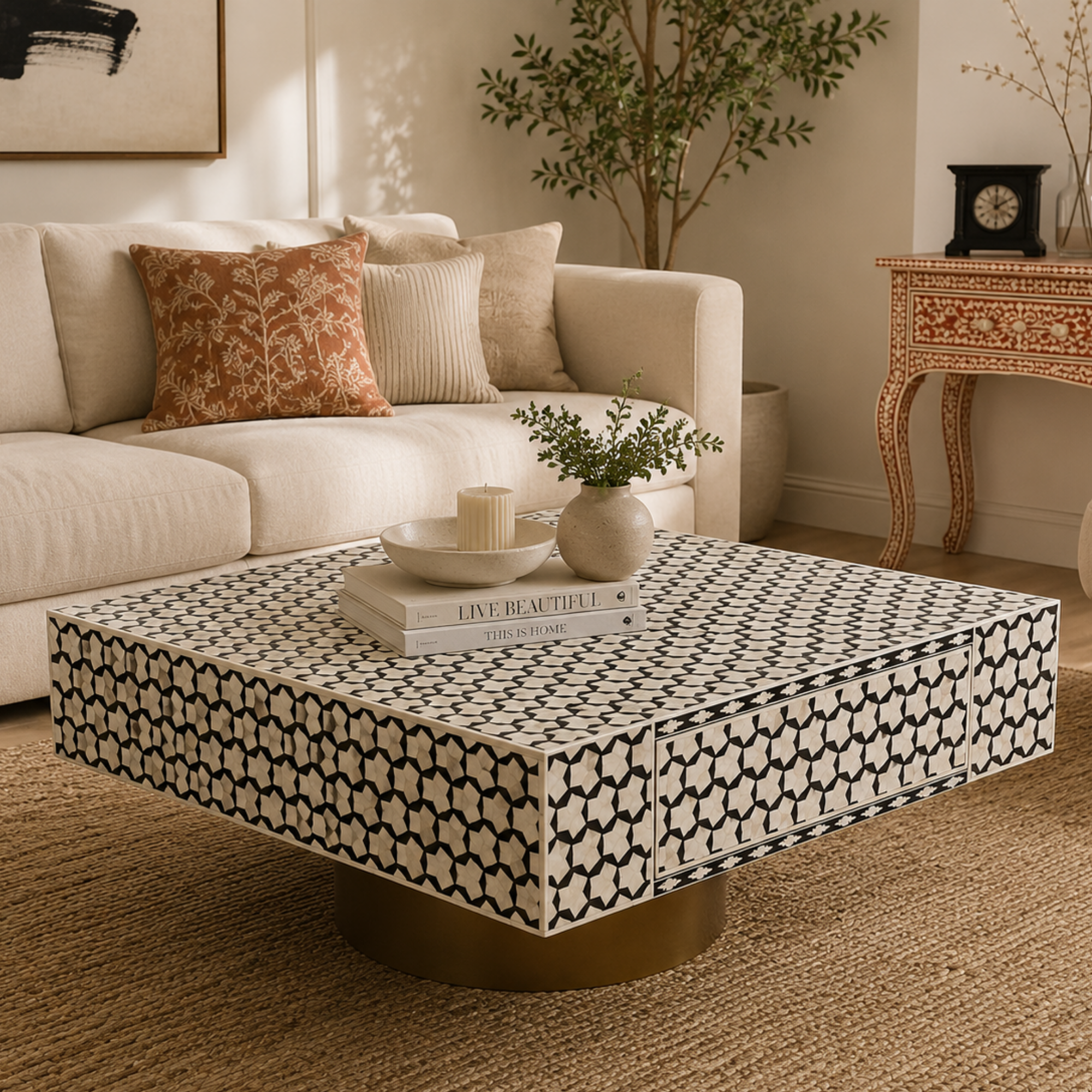 Handmade Black White Bone Inlay Coffee Table, Geometric Coffee Table, Luxury Square Coffee Table, Living Room Furniture