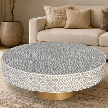 Grey & White Bone Inlay Round Coffee Table with Brass Base – Handmade Luxury Center Table